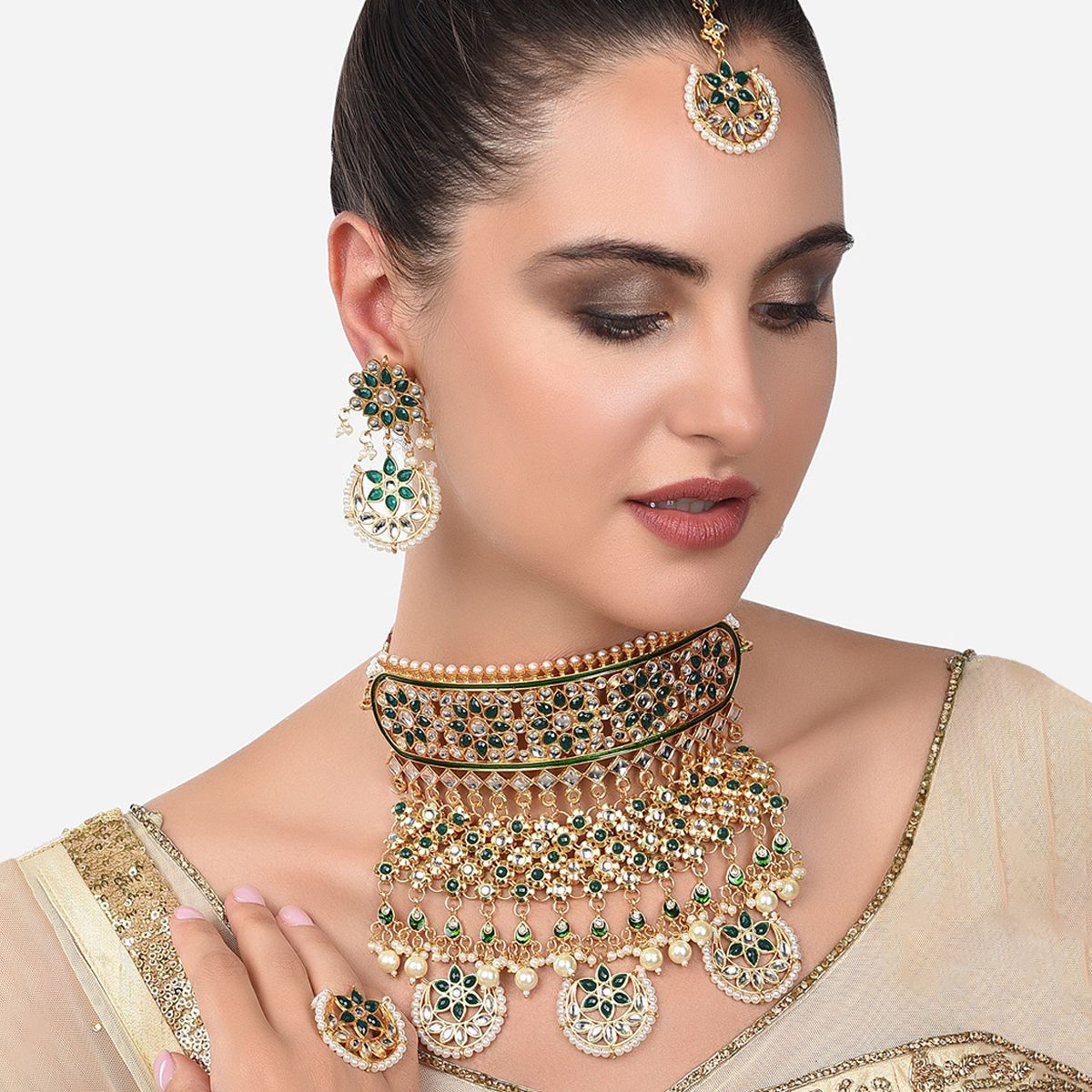 Zaveri Pearls Green Rajasthani Choker Necklace Earring Maangtikka