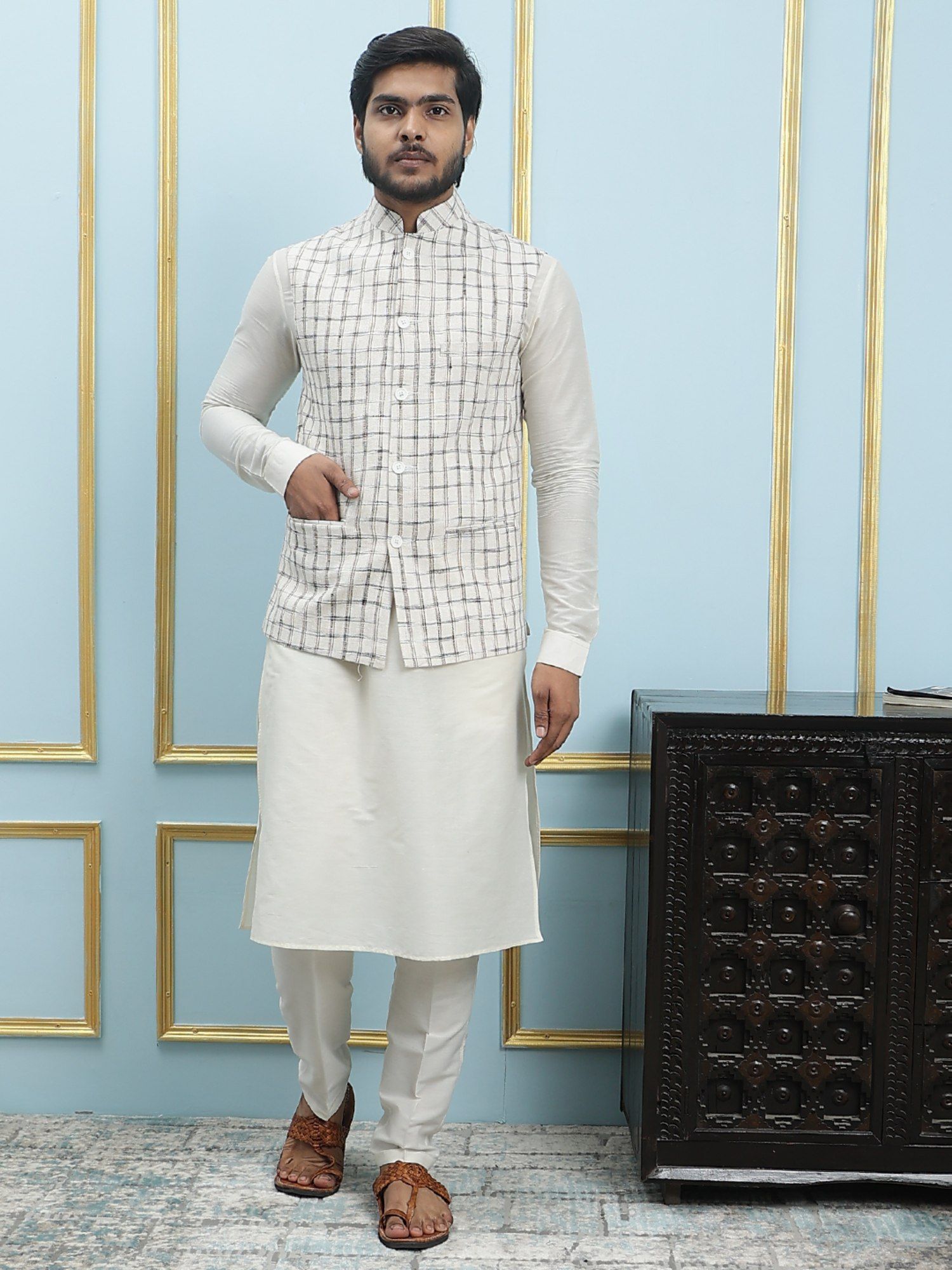 Buy See Designs Men Off White Kurta Pajama Cream Color Check