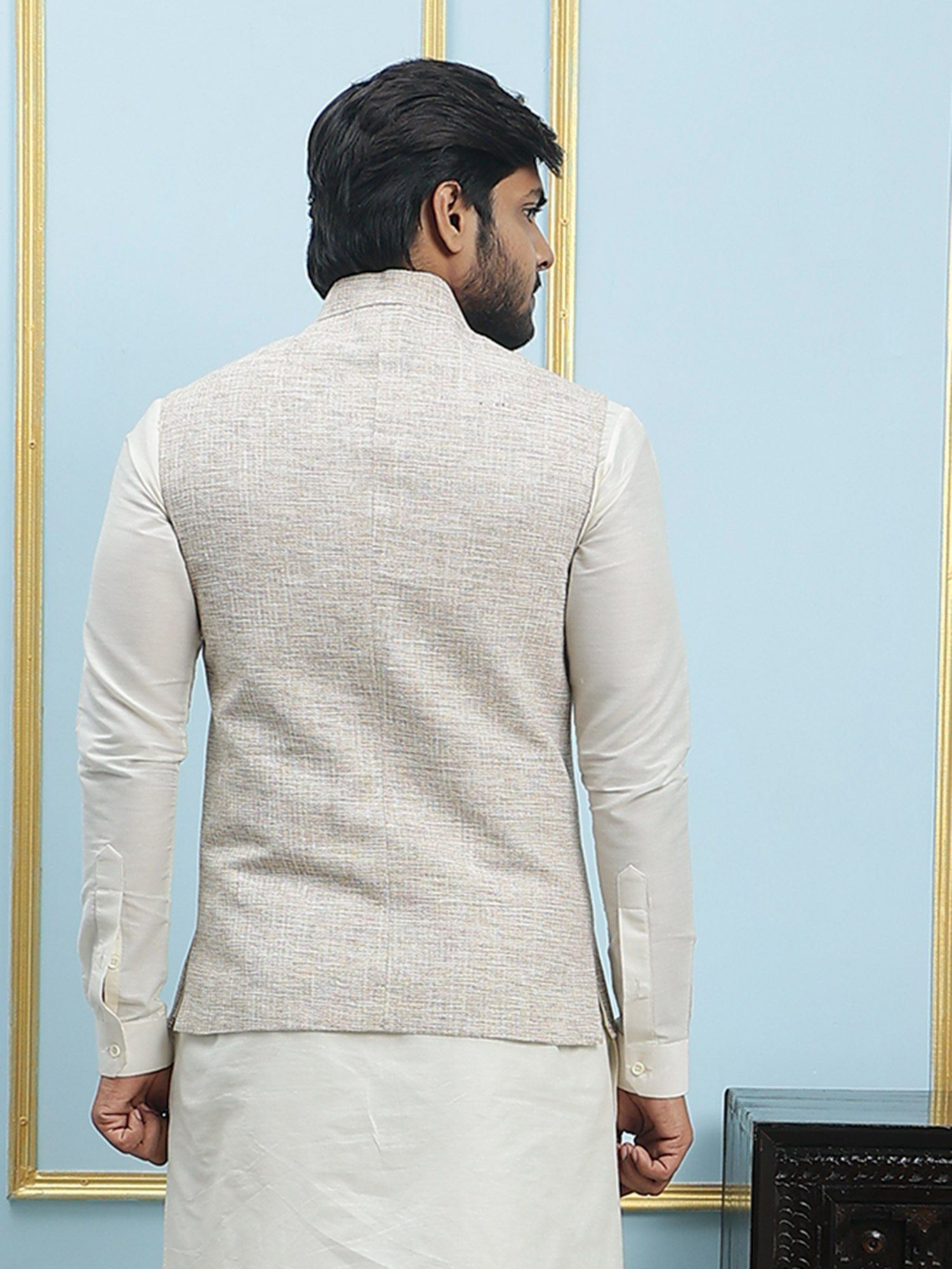 See Designs Men Cream Color Solid Khadi Nehru Jacket M