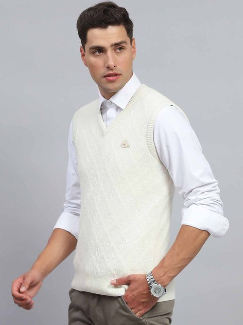 Monte Carlo Mens Self Design White V Neck Sleeveless Sweater