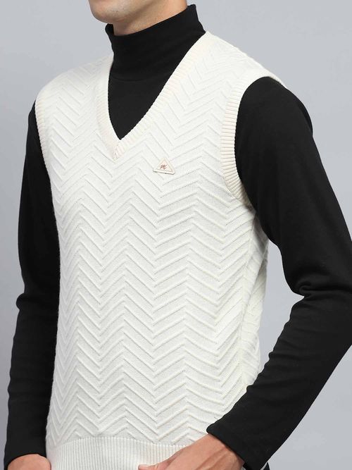 Monte Carlo Mens Self Design White V Neck Sleeveless Sweater