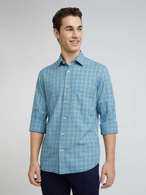 ColorPlus Men Regular Fit Cotton Checks Blue Casual Shirt