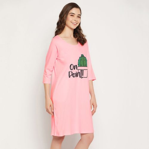 Clovia Cactus Print Short Night Dress In Baby Pink 100 Percent Cotton (S)
