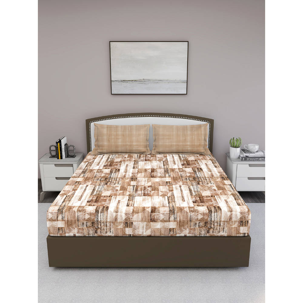 GM Brown Abstract 180 TC Cotton Queen Bedsheet with 2 Pillow Covers