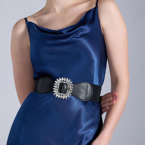 Twenty Dresses by Nykaa Fashion Black Rhinestone Embellished Buckle  Elasticated Waist Belt