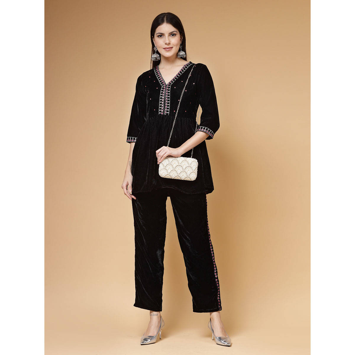 Anekaant Adorn Off White Pearl Embellished Corduroy Clutch with Detachable Strap