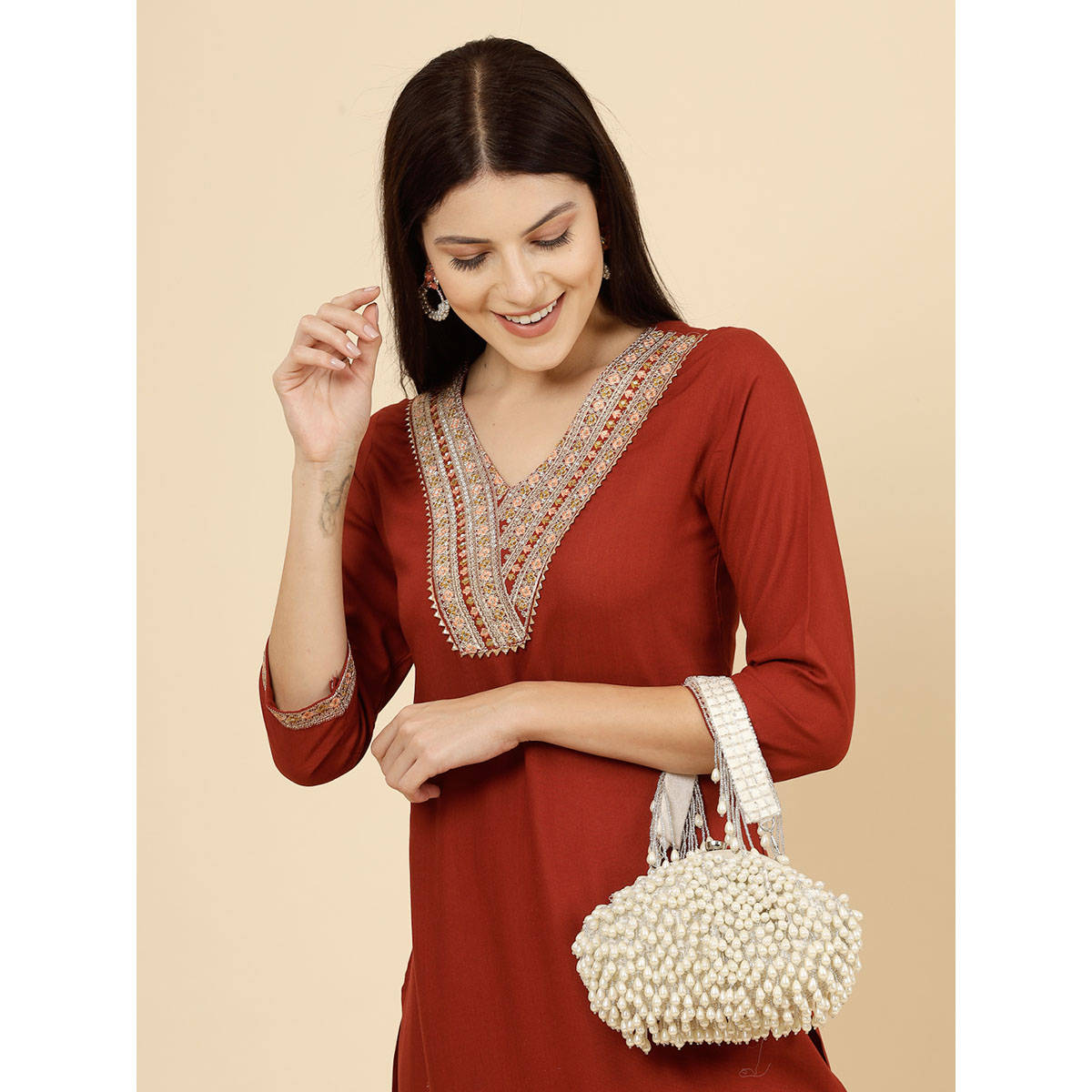 Anekaant Droop Pearl & Off White Pearl Embellished Faux Silk Clutch with Detachable Strap