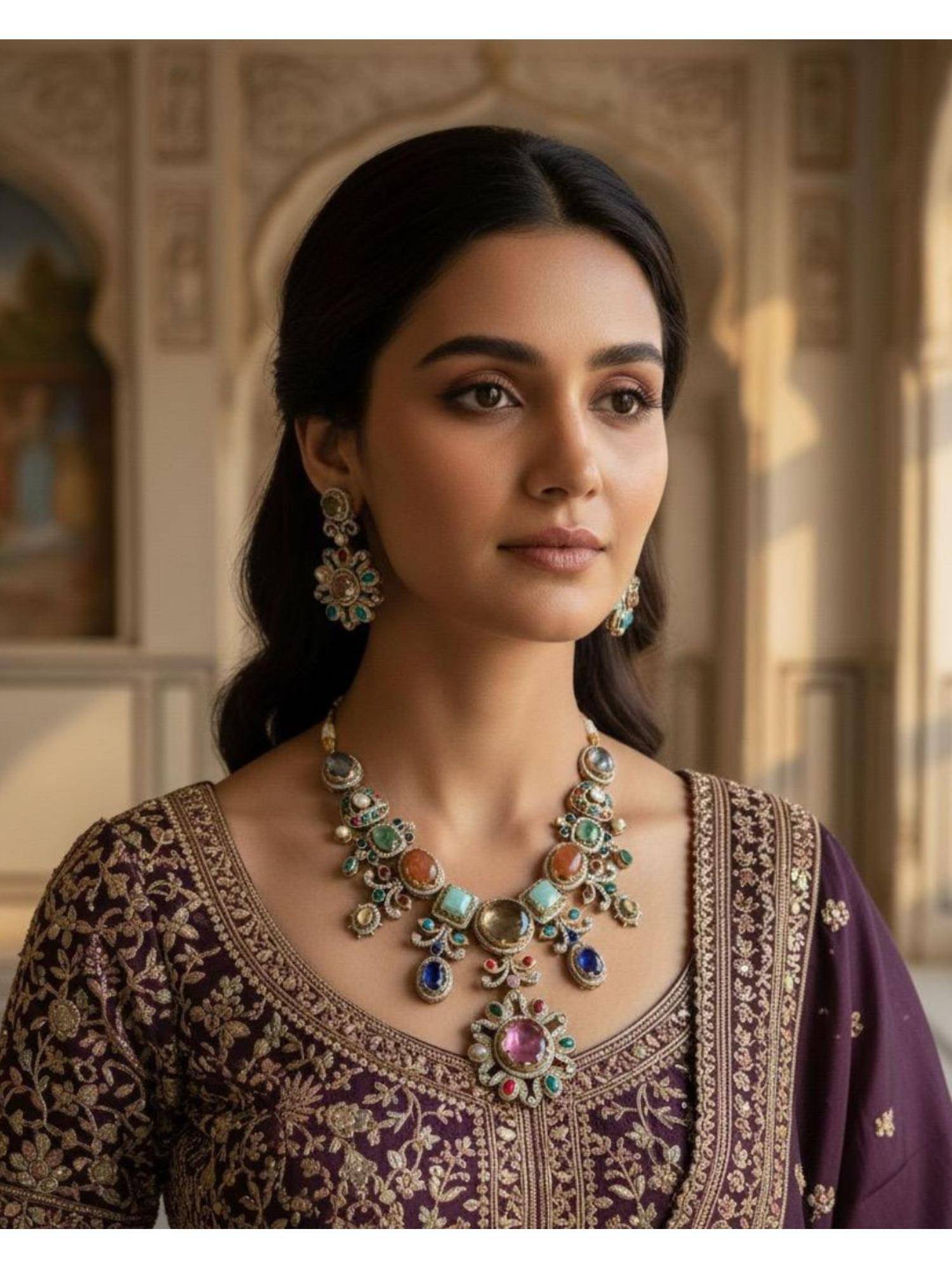 Shopsiiri Maharani Navratan Polki Necklace Set