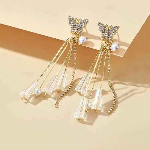 Yellow Chimes A5 Grade Crystal Hanging Butterfly Long Tassel Gold Plated  Dangle Earrings