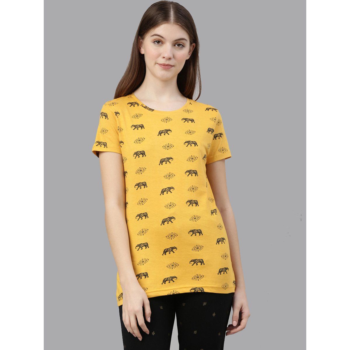 Kryptic Women Mustard Yellow & Black Printed Pure Cotton Lounge TShirt