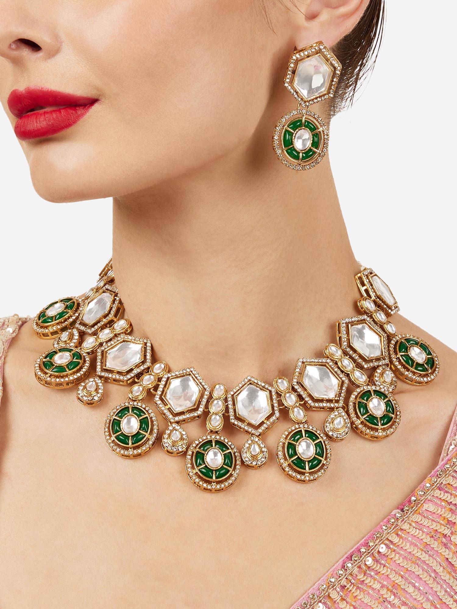 Zaveri Pearls Green Stones Diamond Jewellery Set