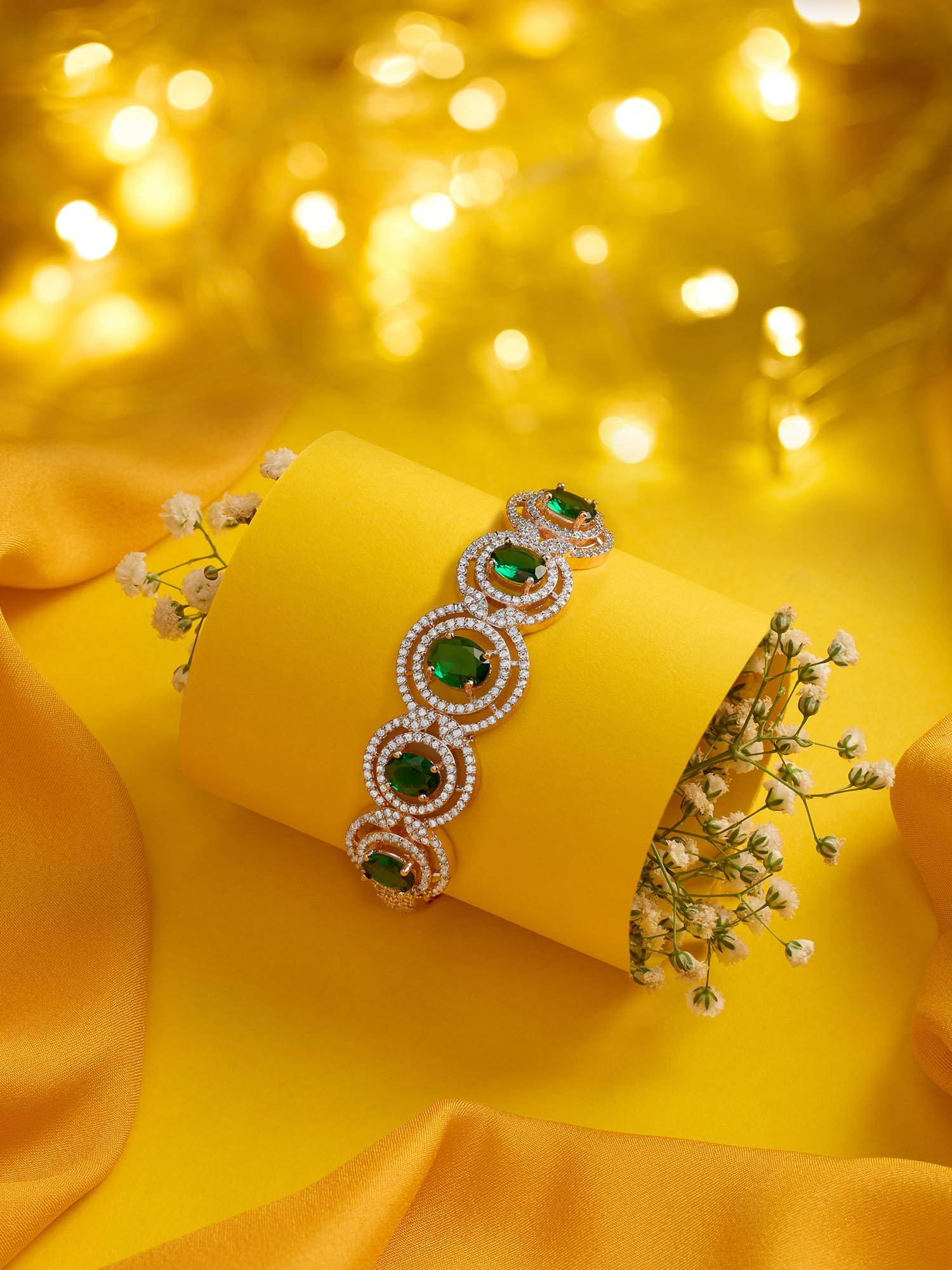 Zaveri Pearls Green Stones Cubic Zirconia Contemporary Brass Bracelet