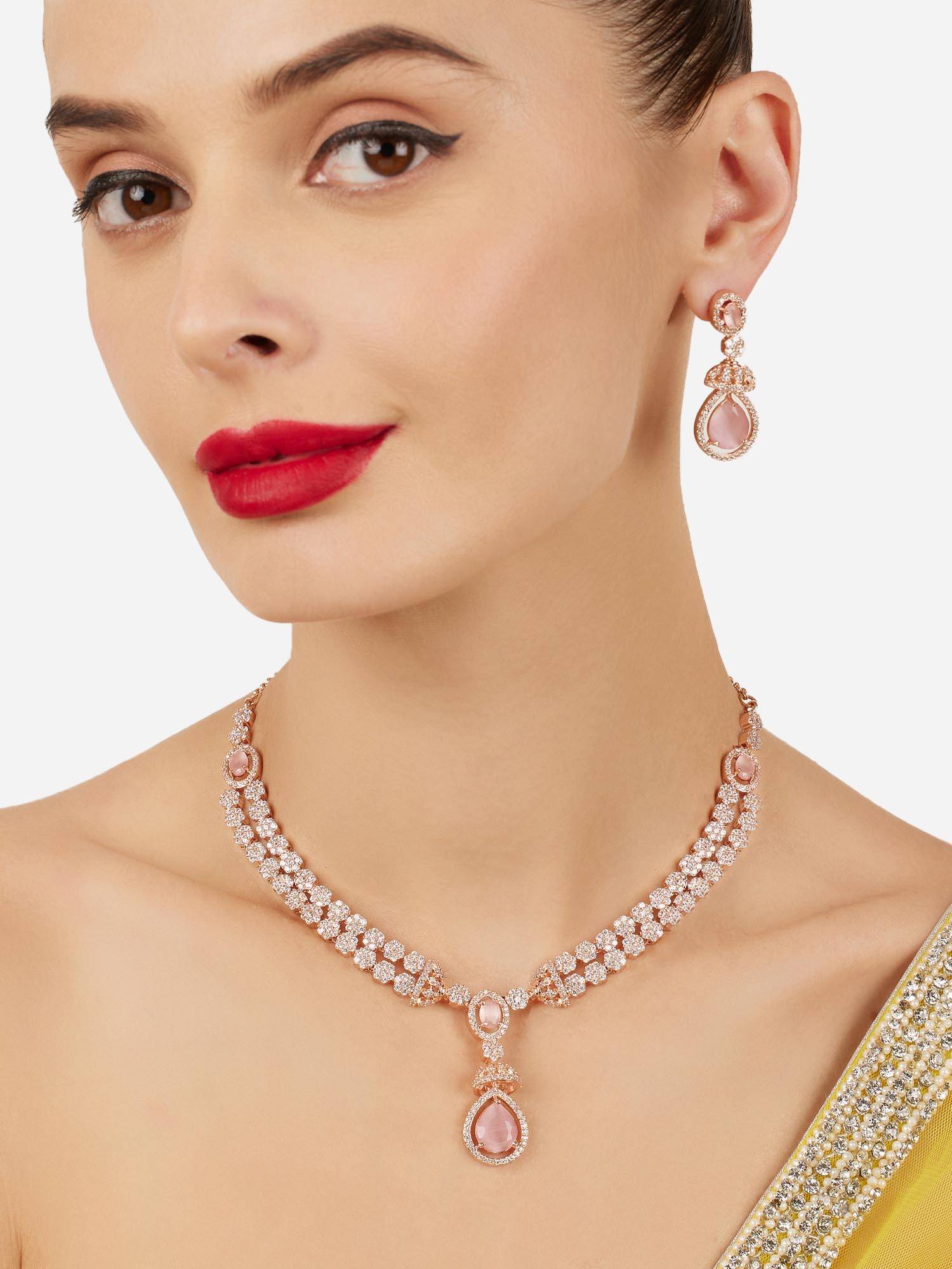 Zaveri Pearls Pink Stones Cubic Zirconia Stones Studded Jewellery Set