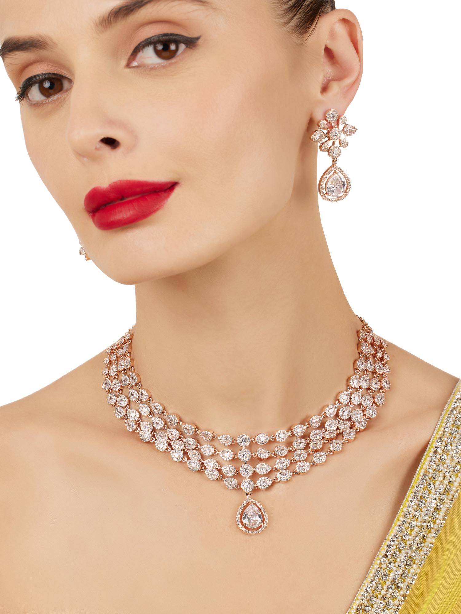 Zaveri Pearls Rose Gold Plated Cubic Zirconia Layered Brass Jewellery Set