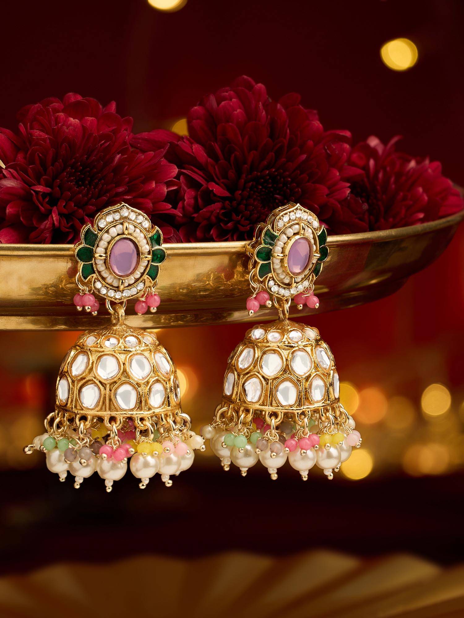 Zaveri Pearls Multi-Color Stones Beads Traditional Kundan Jhumka Earrings