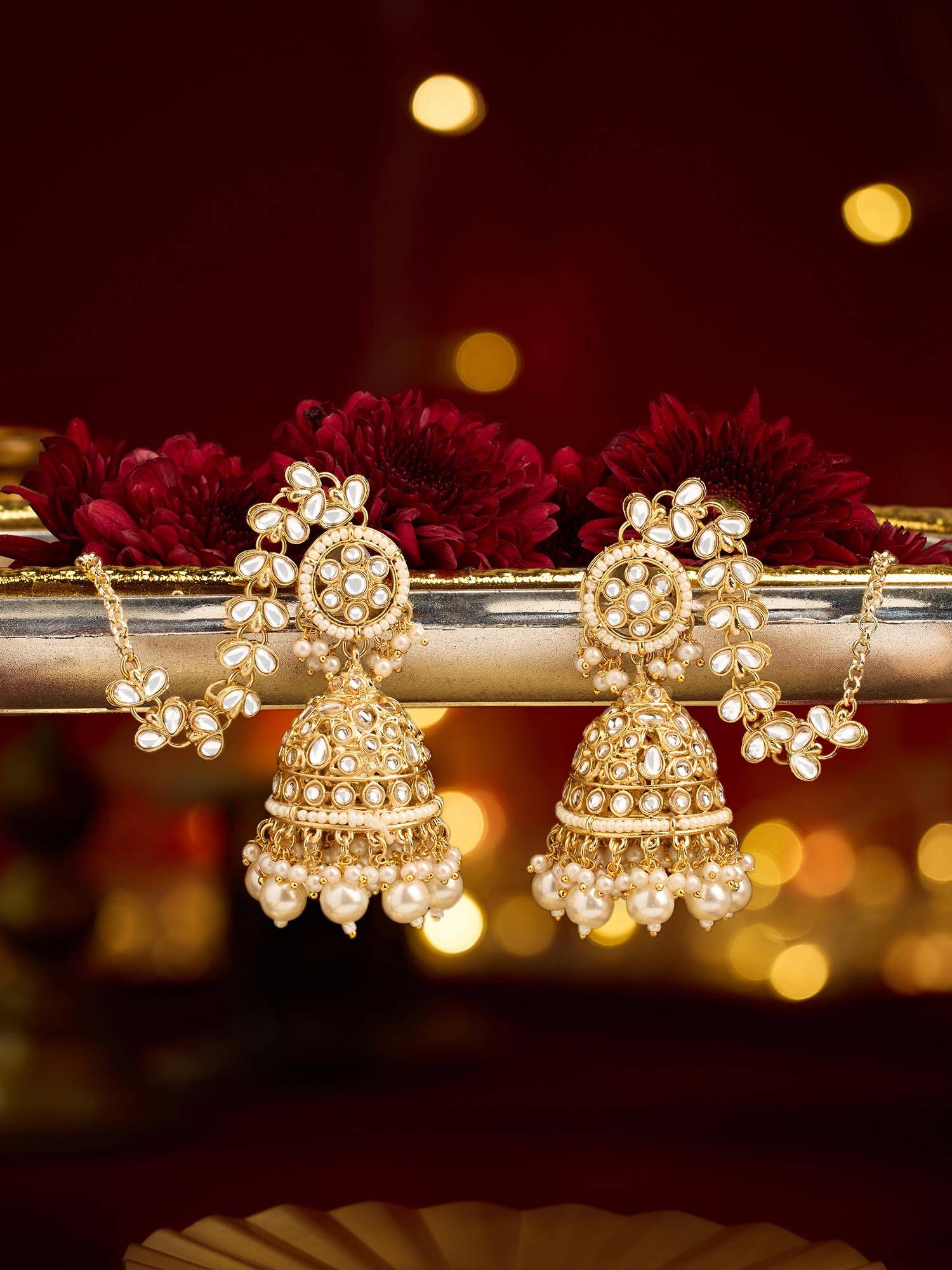 Zaveri Pearls Gold Plated Ethnic Kundan Attached Ear Chain Jhumka Earrings