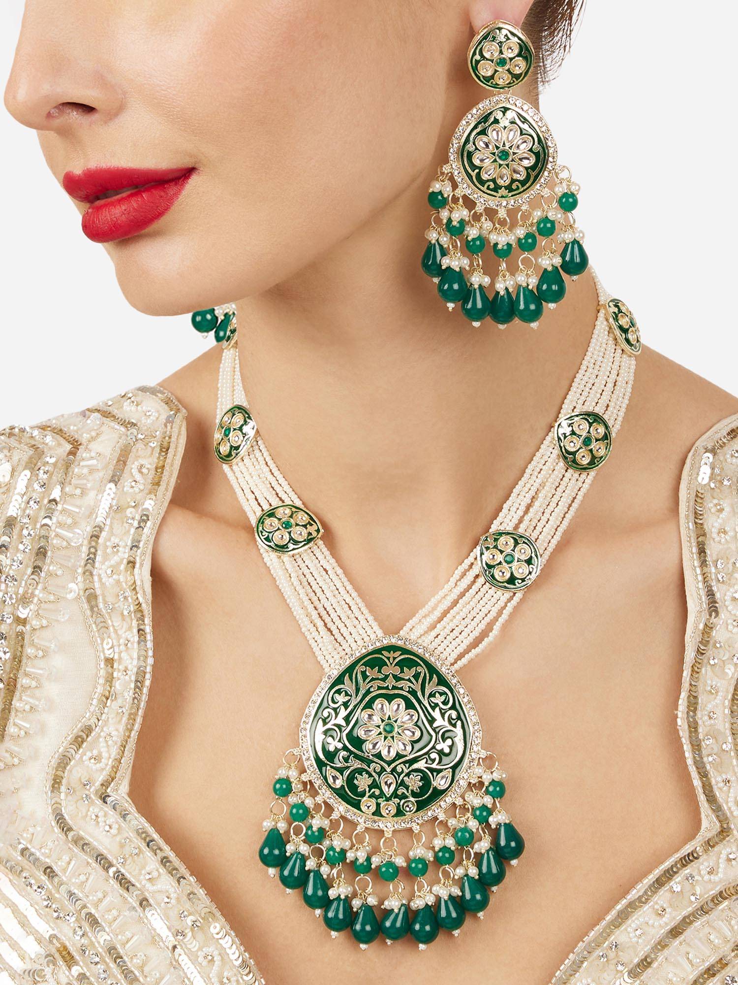 Zaveri Pearls Green Meenakari Multistrand Beaded Necklace Jewellery Set