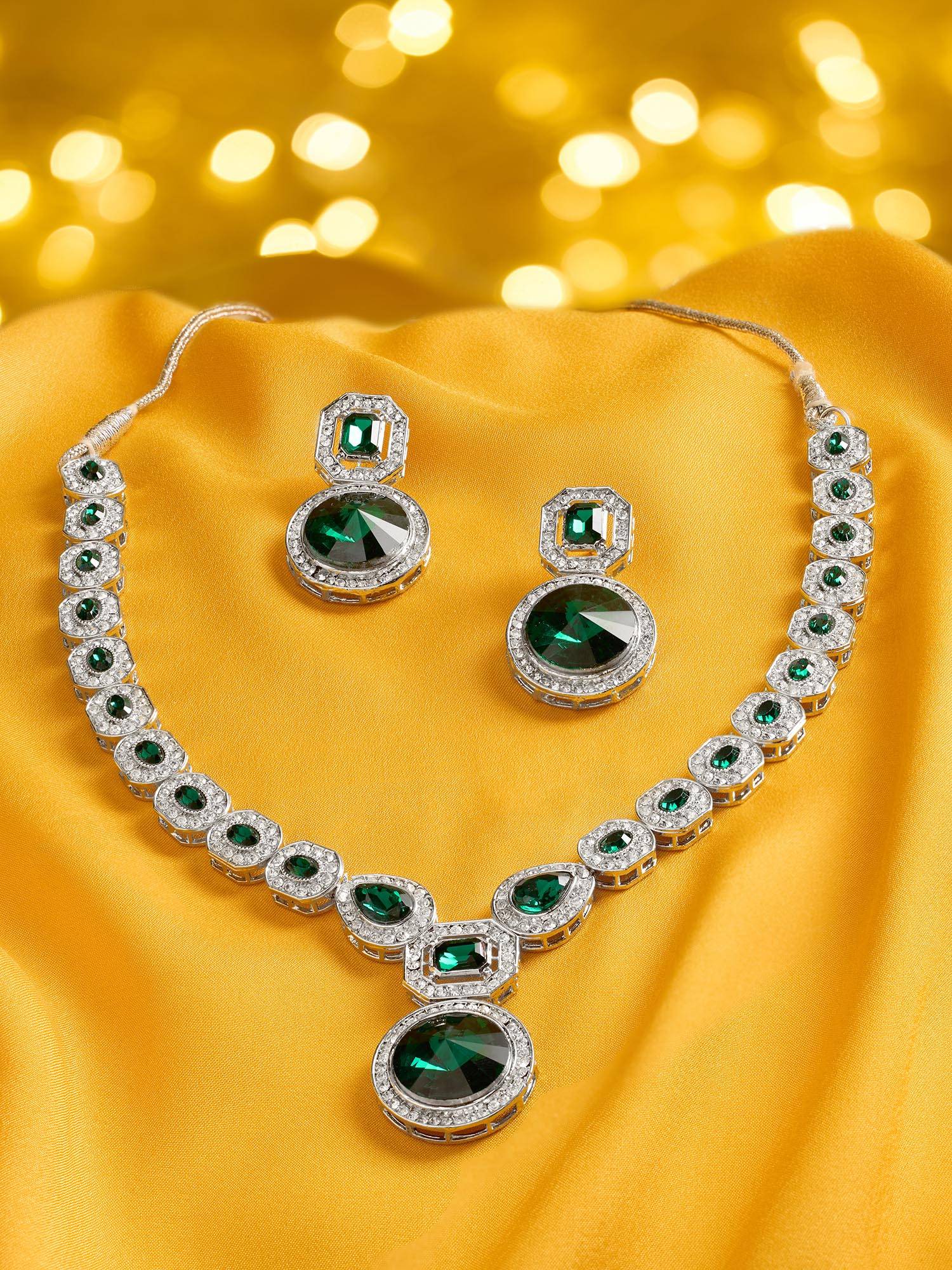 Zaveri Pearls Green Stones Diamonds Necklace and Earrings Set