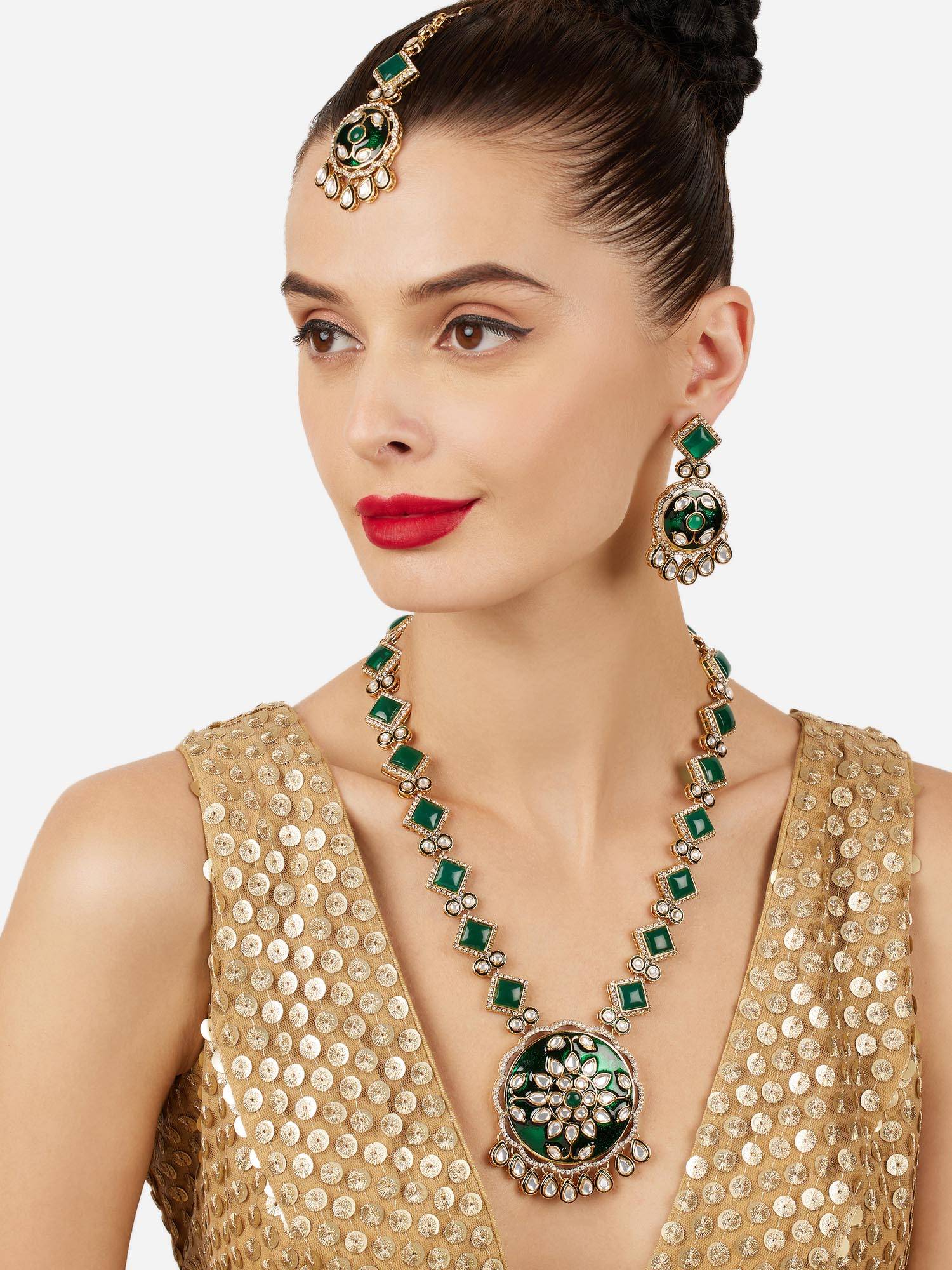 Zaveri Pearls Green Meenakari Kundan Stones Jewellery Set