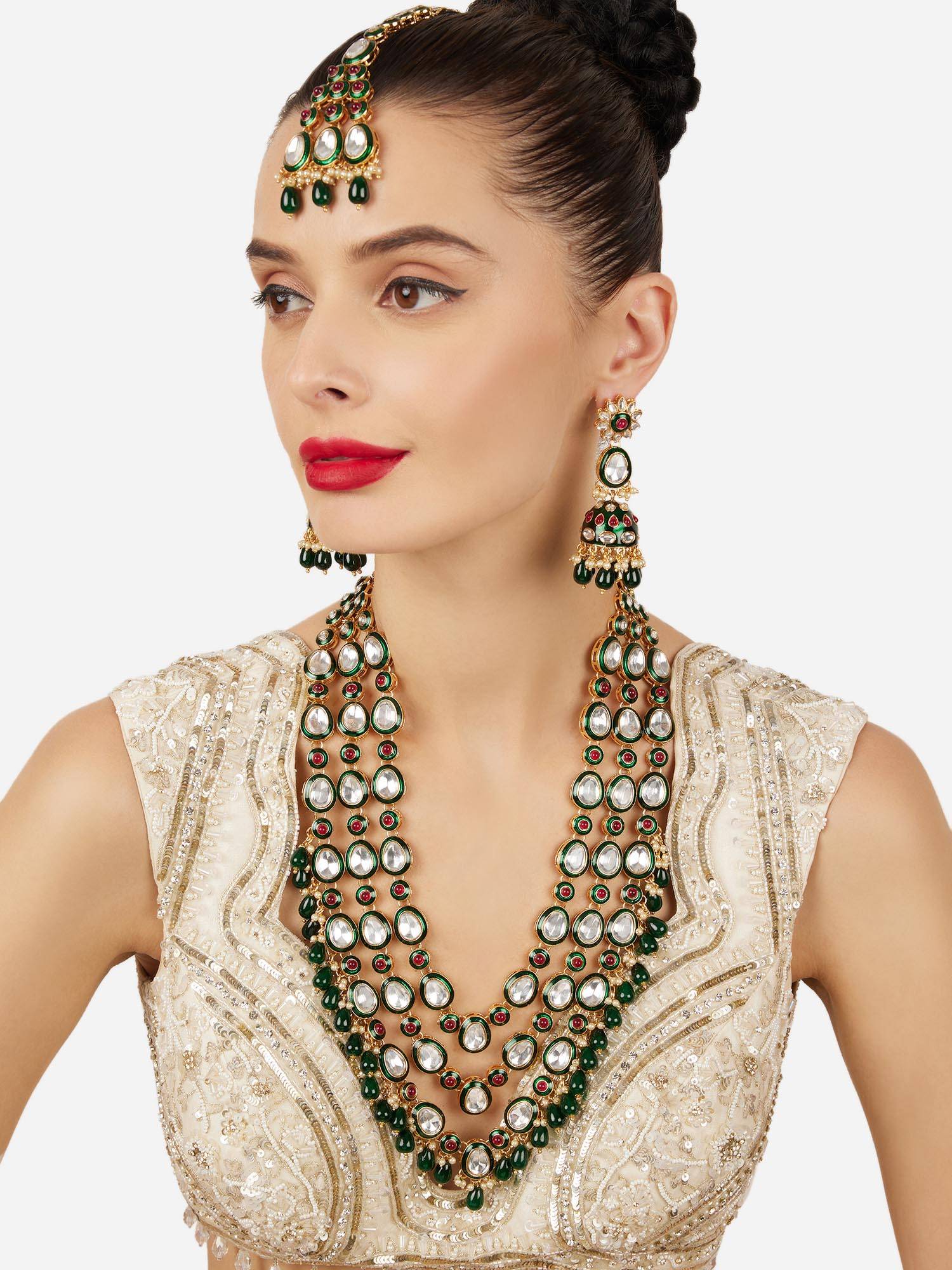 Zaveri Pearls Green and Pink Stone and Beads Layered Bridal Jewellery Set