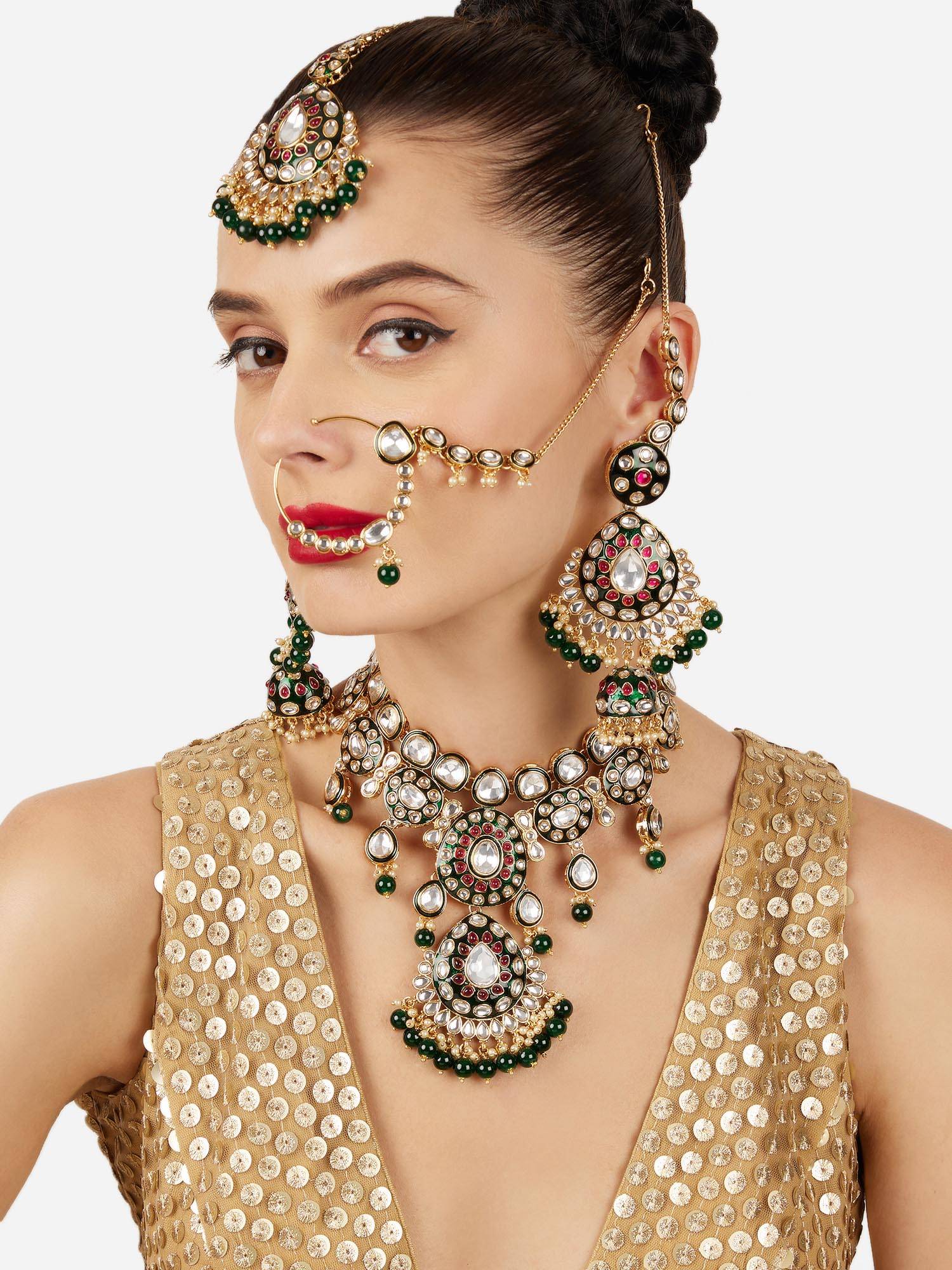 Zaveri Pearls Traditional Green Enamel Pink Kundan and Beads Bridal Jewellery Set