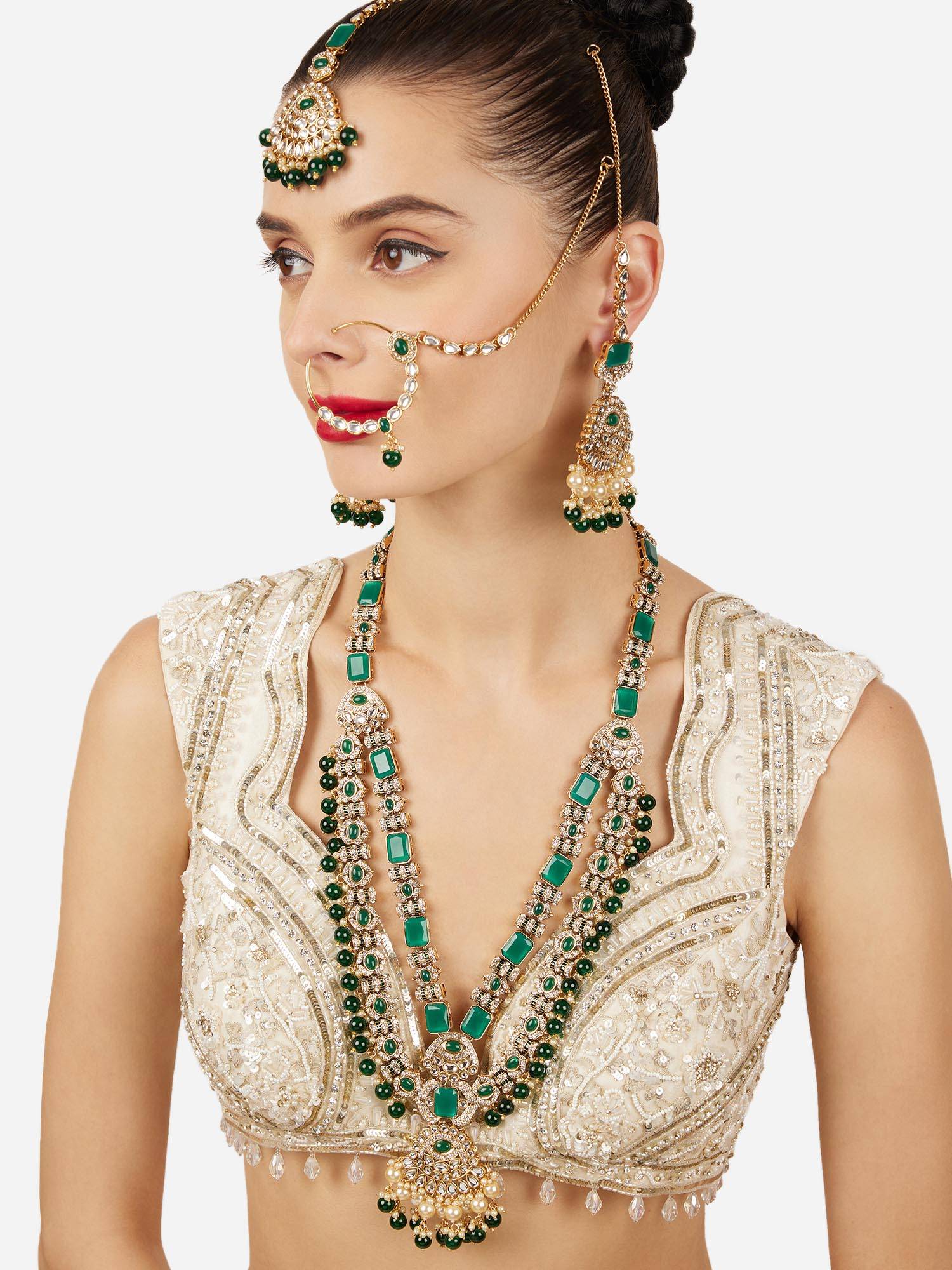 Zaveri Pearls Traditional Green Kundan-Stone Studded Bridal Jewellery Set