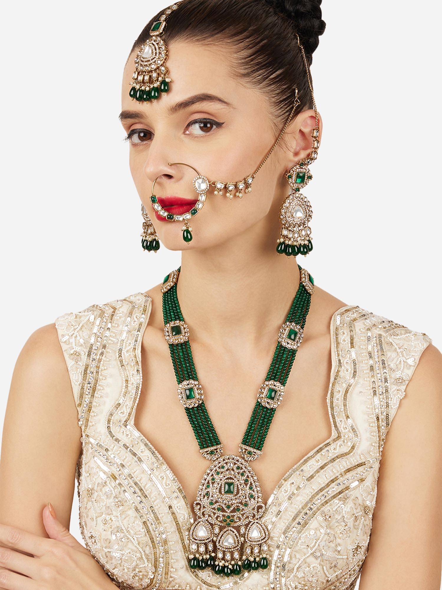 Zaveri Pearls Green Antique Stone Studded and Beads Bridal Jewellery Set