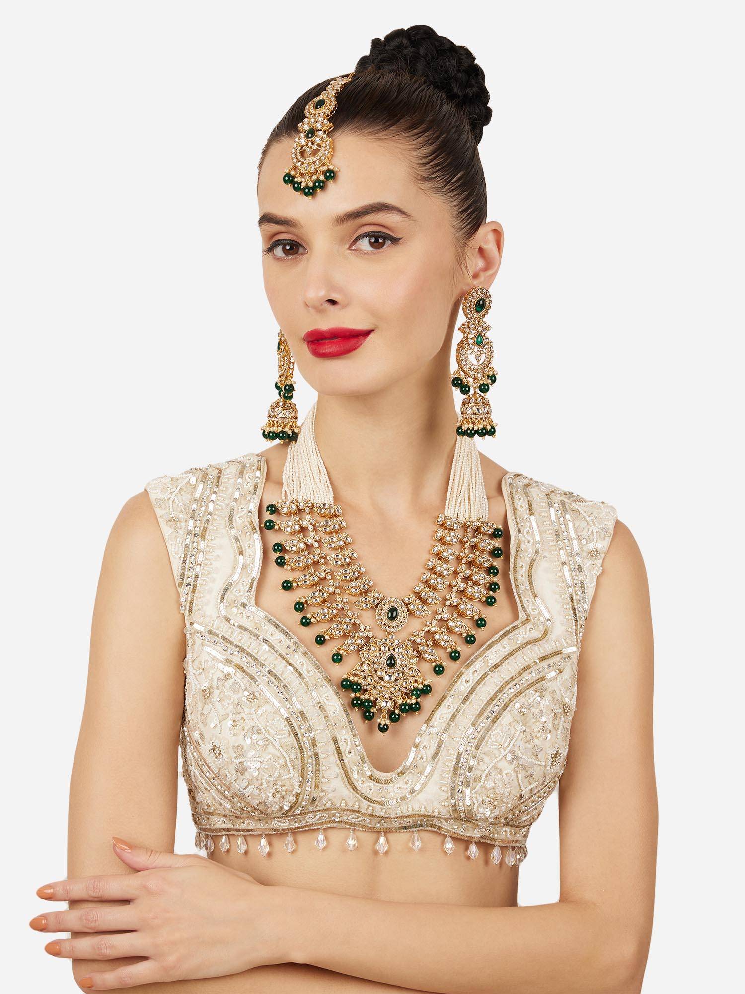 Zaveri Pearls Green Multistrand Kundan and Stone Studded Bridal Jewellery Set