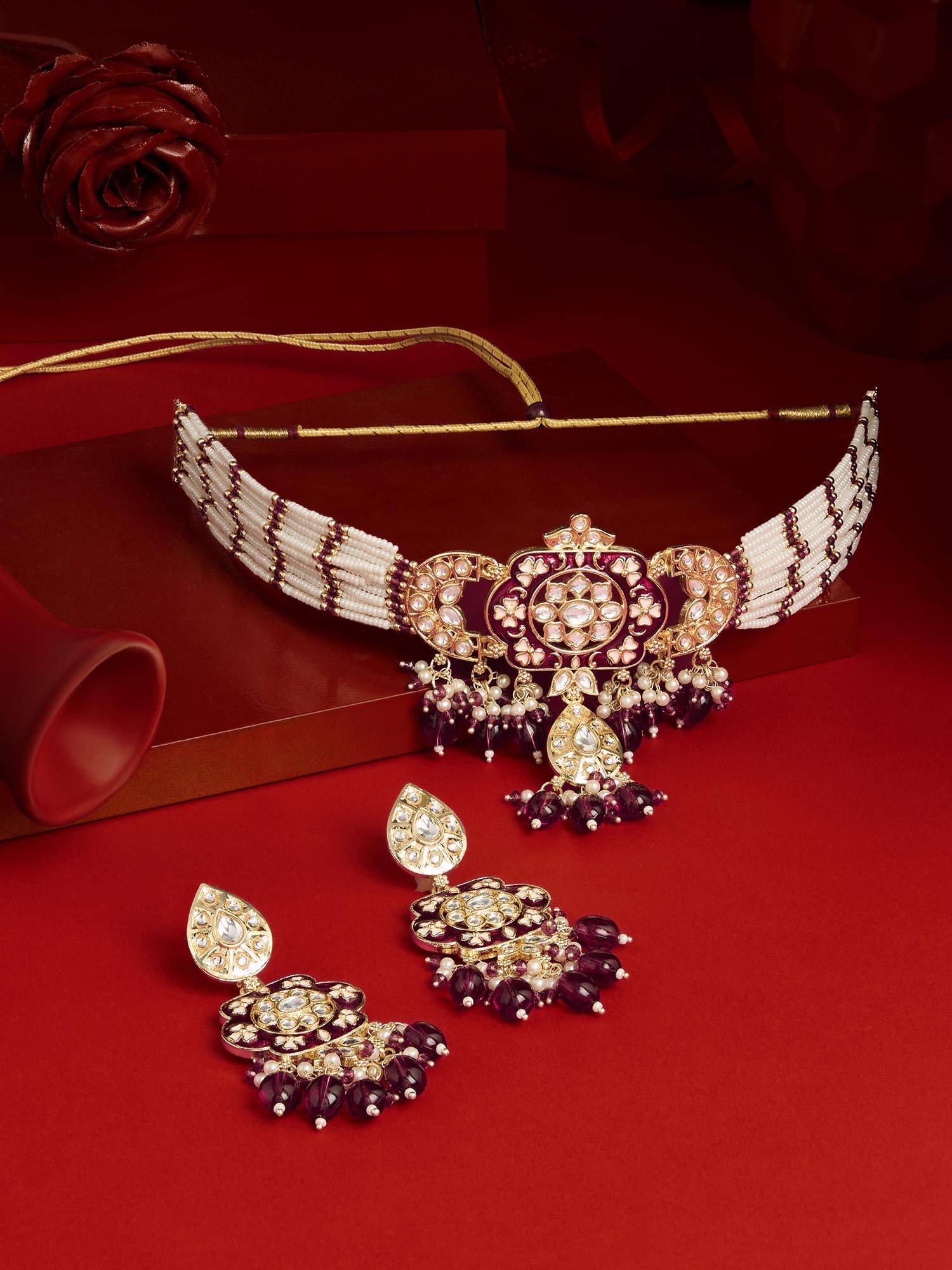 Zaveri Pearls Wine Meenakari Multistrand Choker Jewellery Set