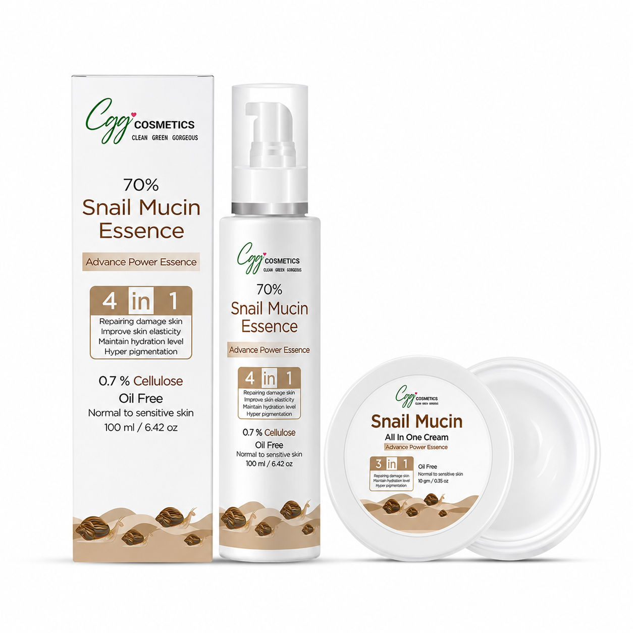 CGG Cosmetics 70% Snail Mucin Essence, Snail Cellulose and All In One Cream COMBO