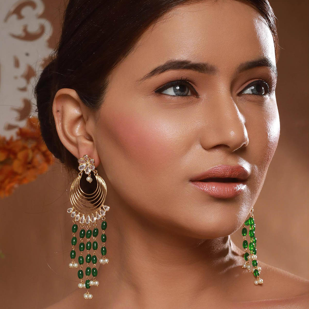 Saraf RS Jewellery 24K Gold Plated Kundan And Green Pearl Beaded Light Weight Bridal Drop Earrings