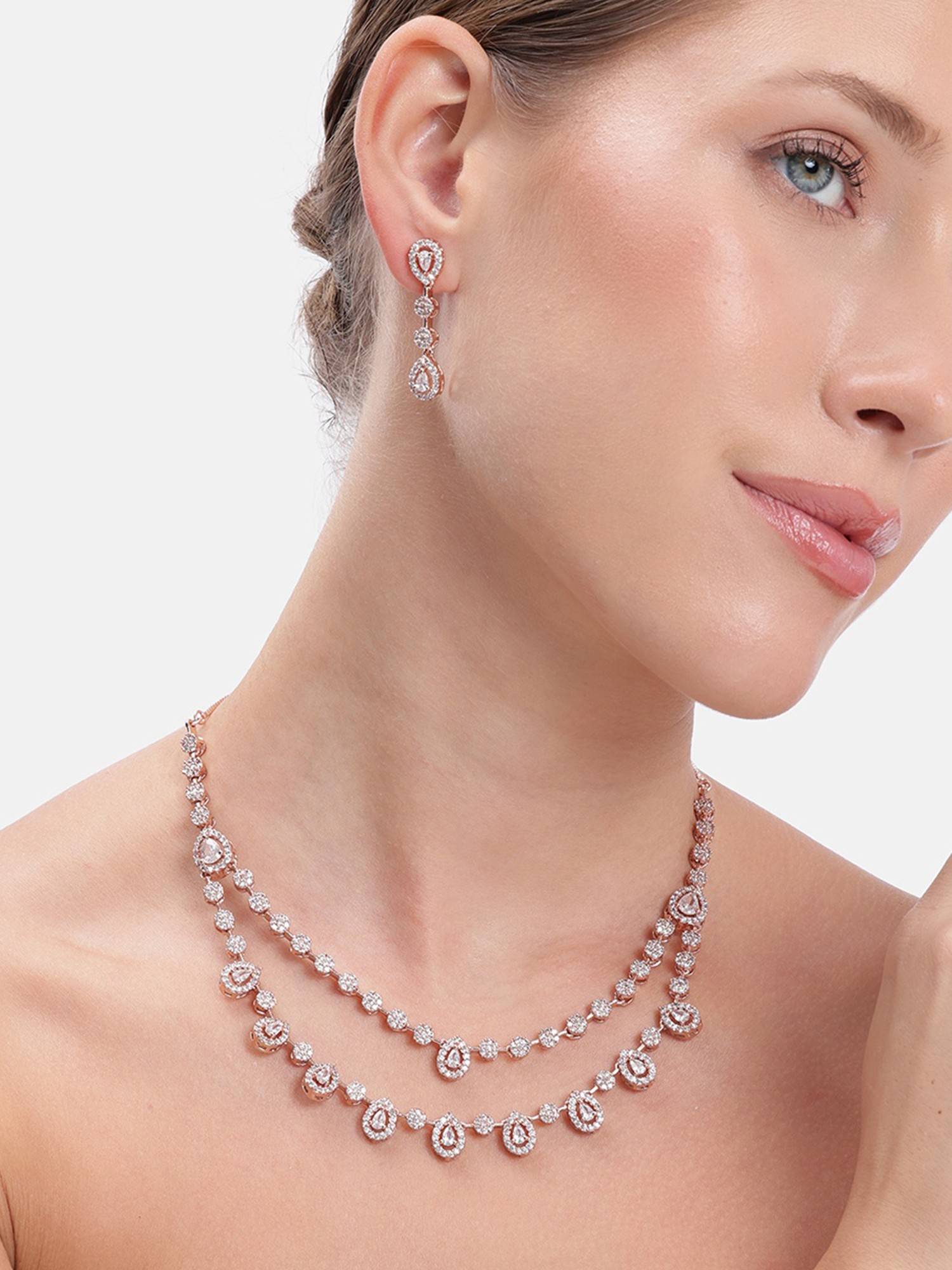 Estele White Cz Layered Rosegold Plated Jewellery Set