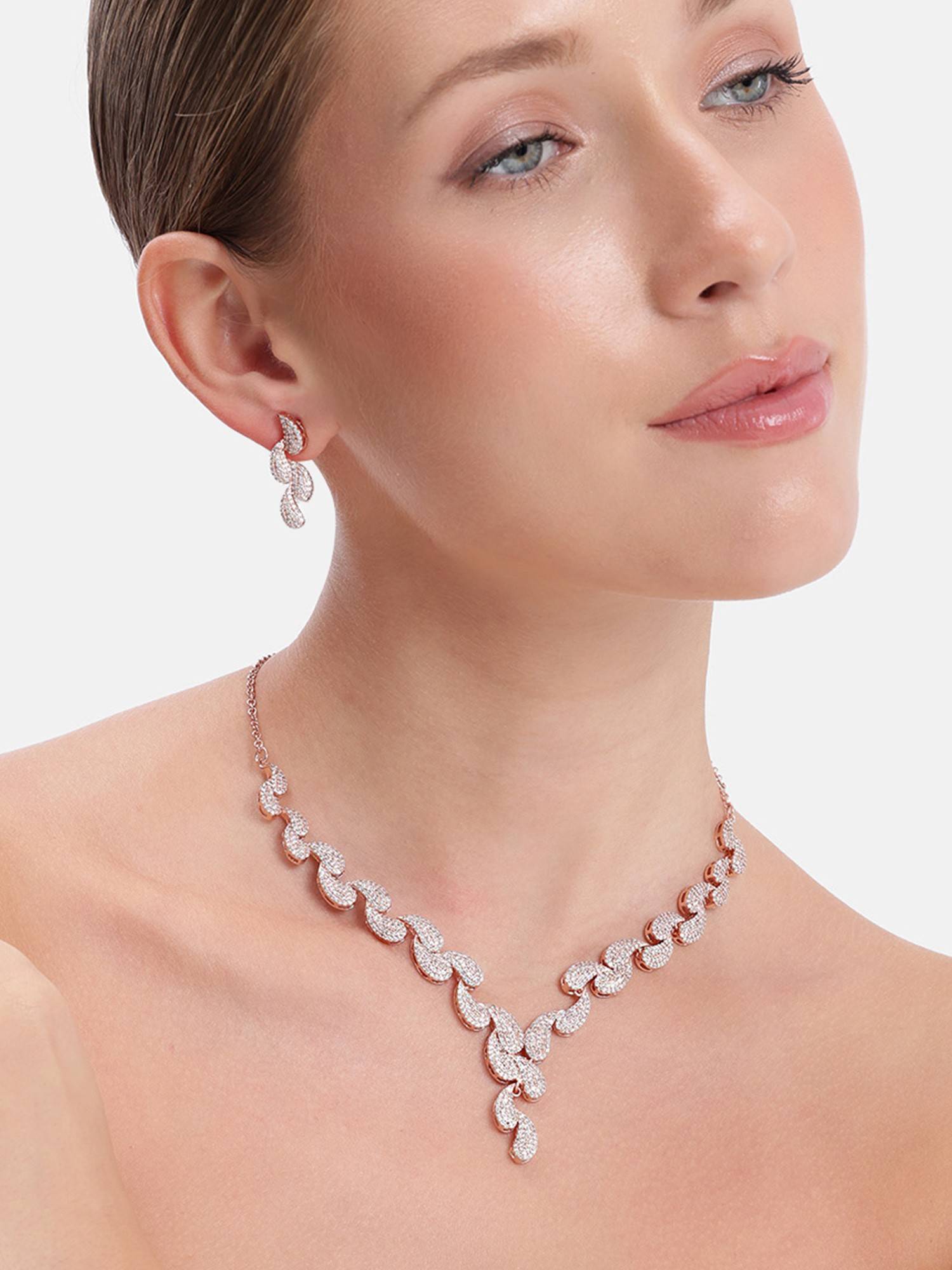 Estele Rosegold Plated Cz White Jewellery Set