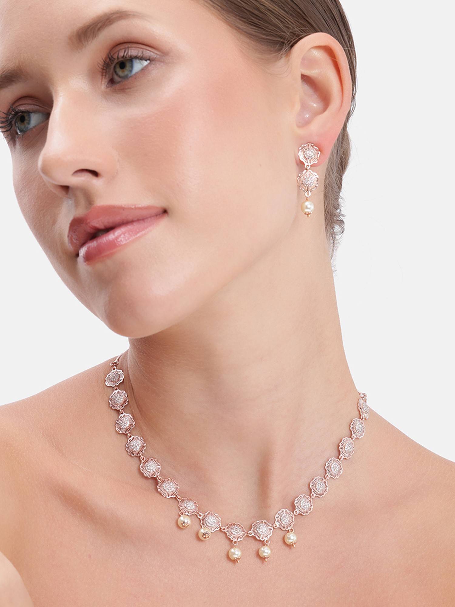 Estele Rosegold Plated Cz White Jewellery Set