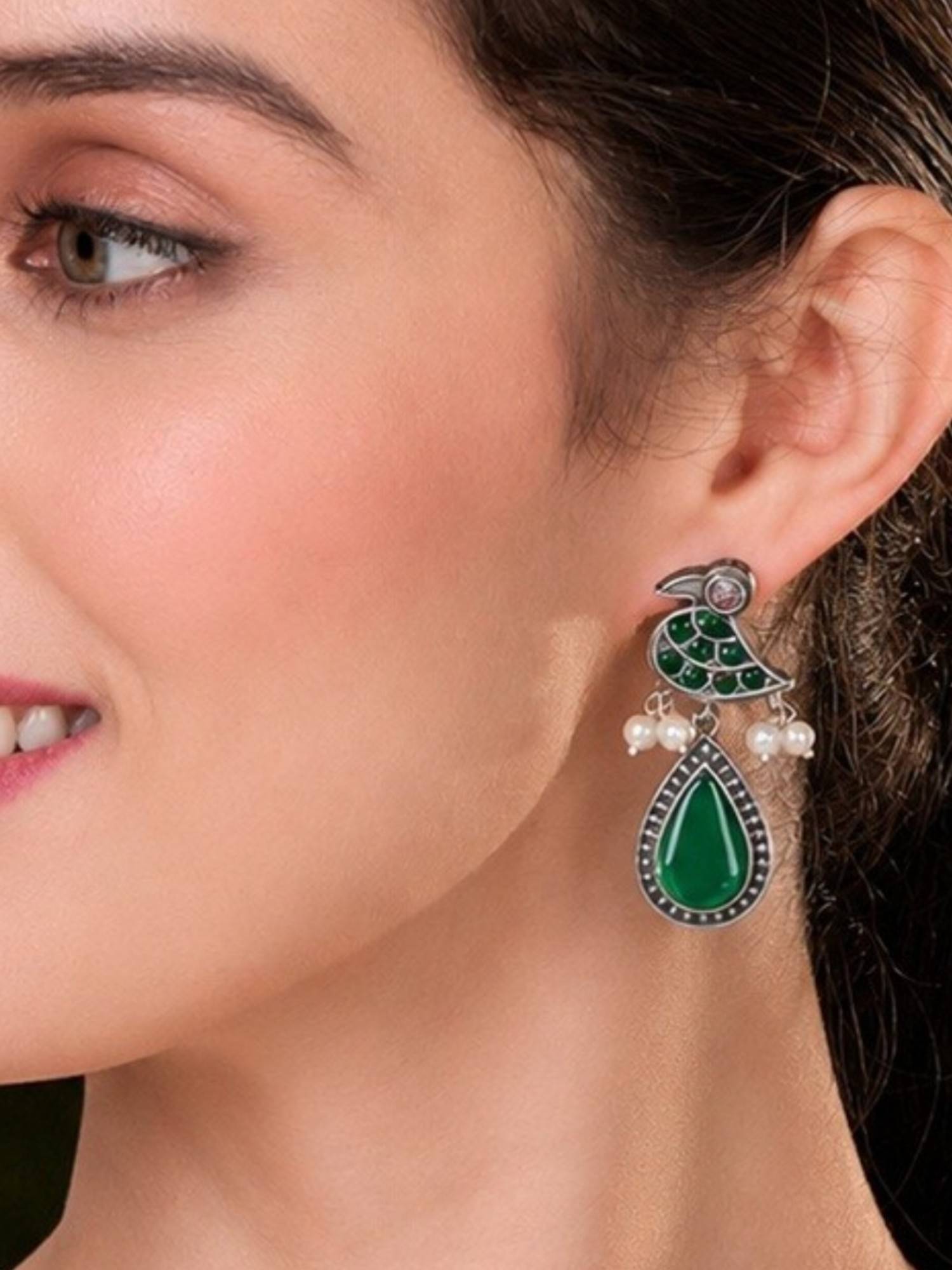 Fabula Green Stone Oxidised Silver Drop Earrings