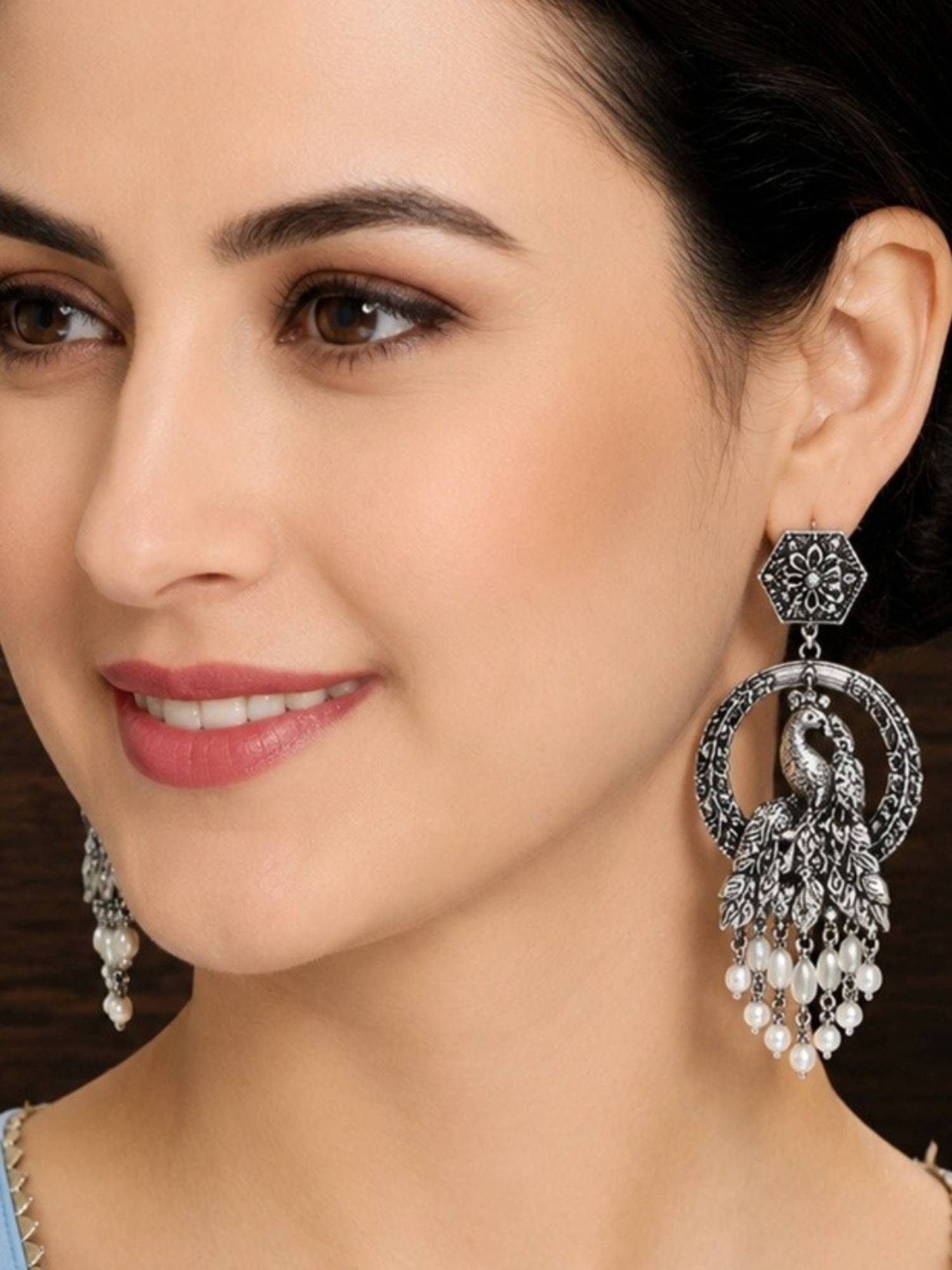 Fabula Silver Oxidised Silver Peacock Shape Drop Earrings