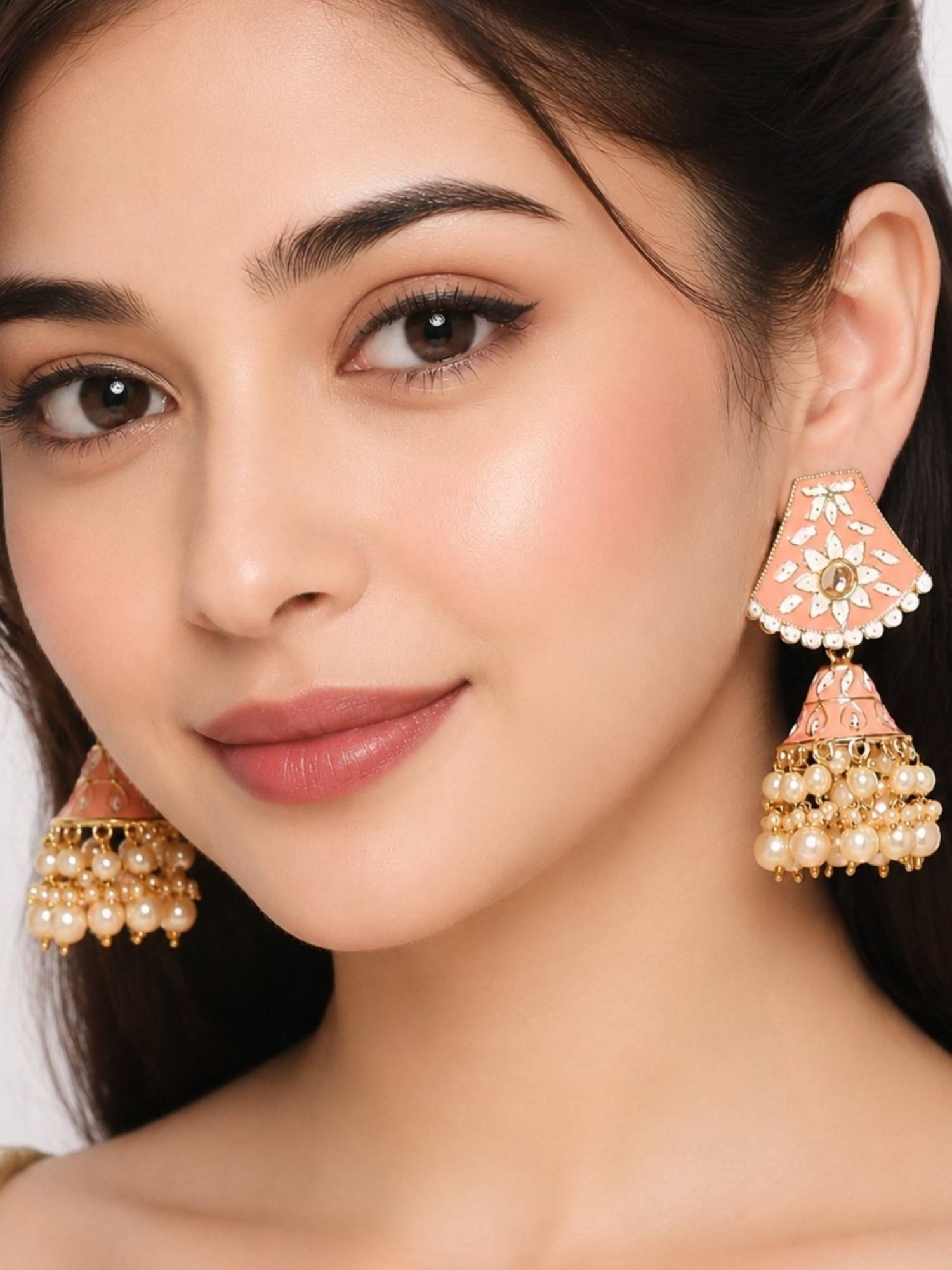 Fabula Pink Meenakari Enamel Kundan Floral Jhumka Earrings