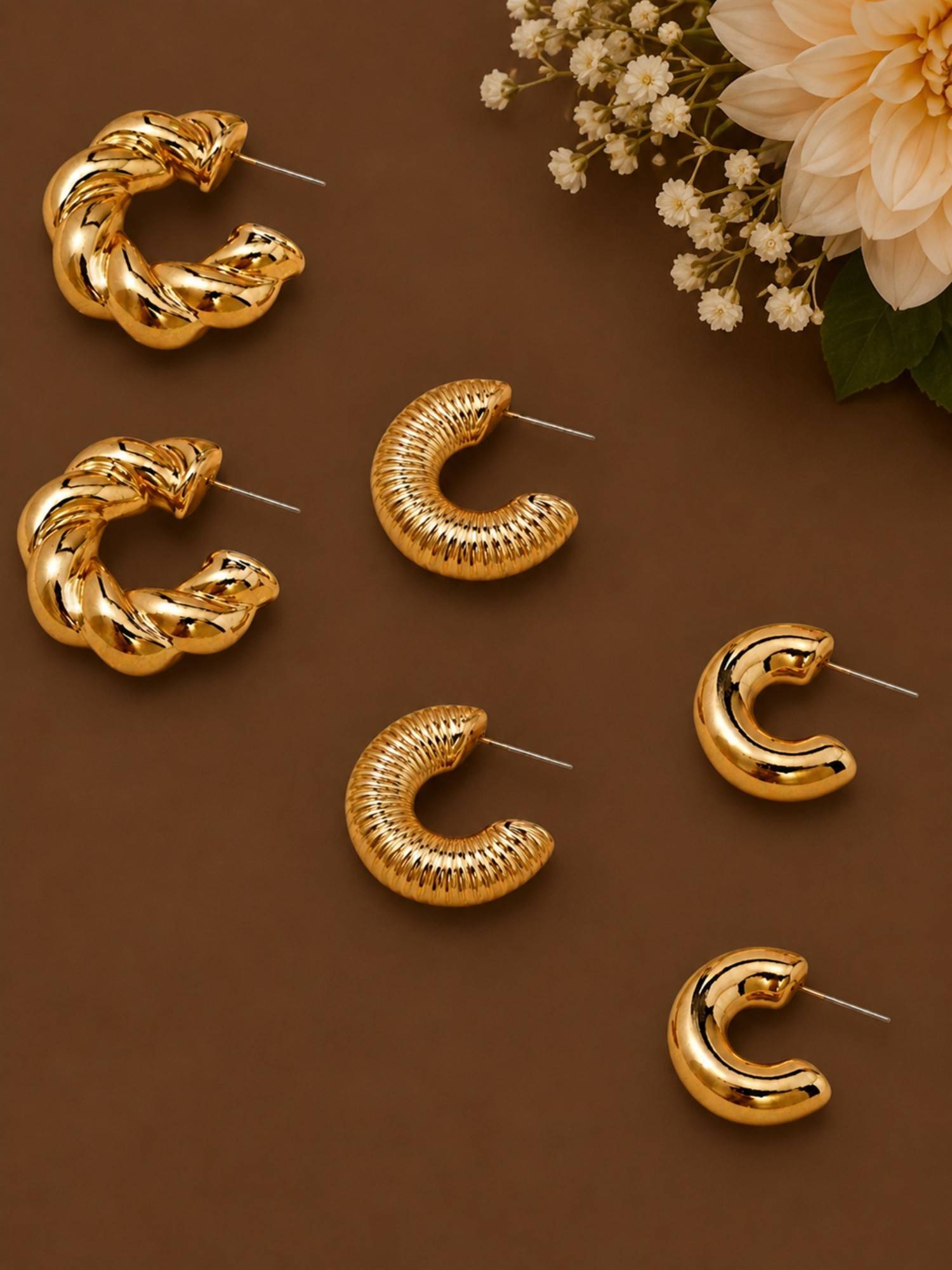 Fabula Gold Half Hoop Stud Earrings (Pack Of 3)