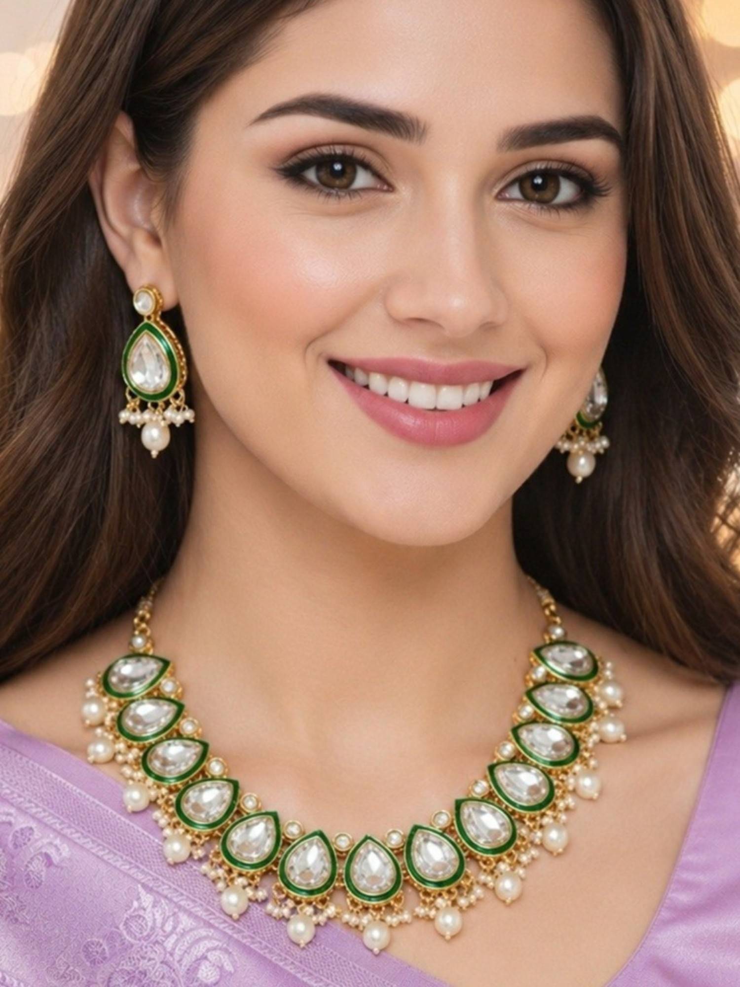 Fabula Green Meena Kundan Jewellery Set