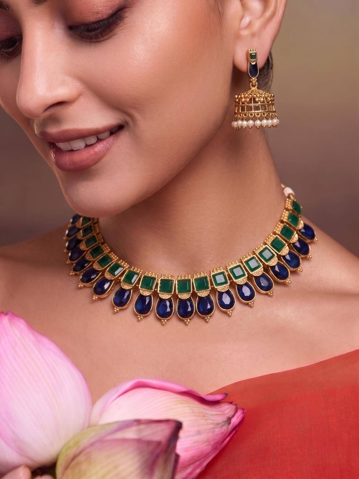 Niscka Gold Plated Green And Blue Stone Jewellery Set