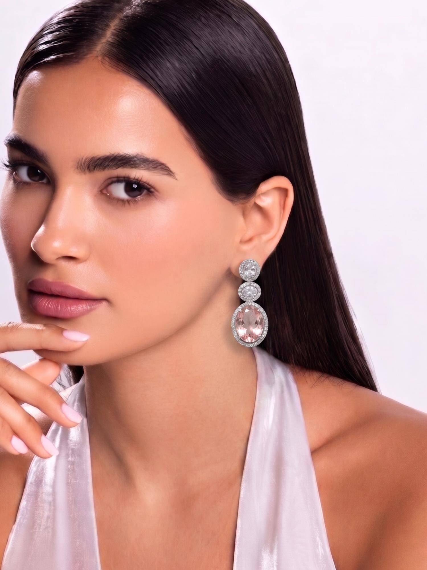 Niscka Pink Oval Crystal Halo Drop Earrings In Silver Tone