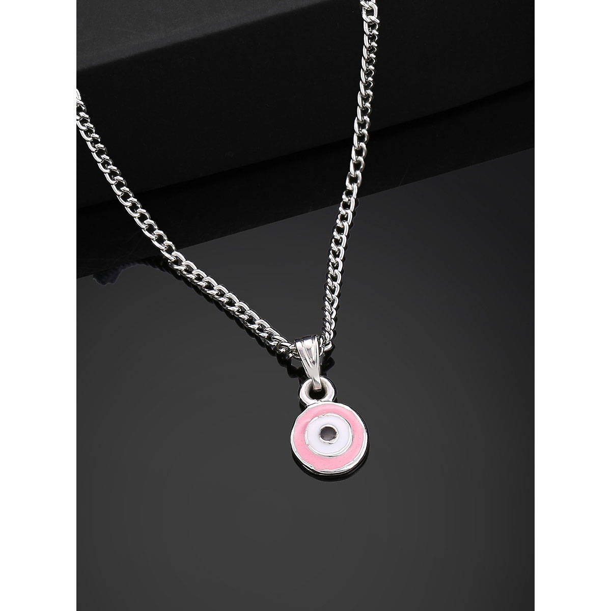 Estele Rhodium Plated Round Shaped Evil Eye Charm Pendant With Chain
