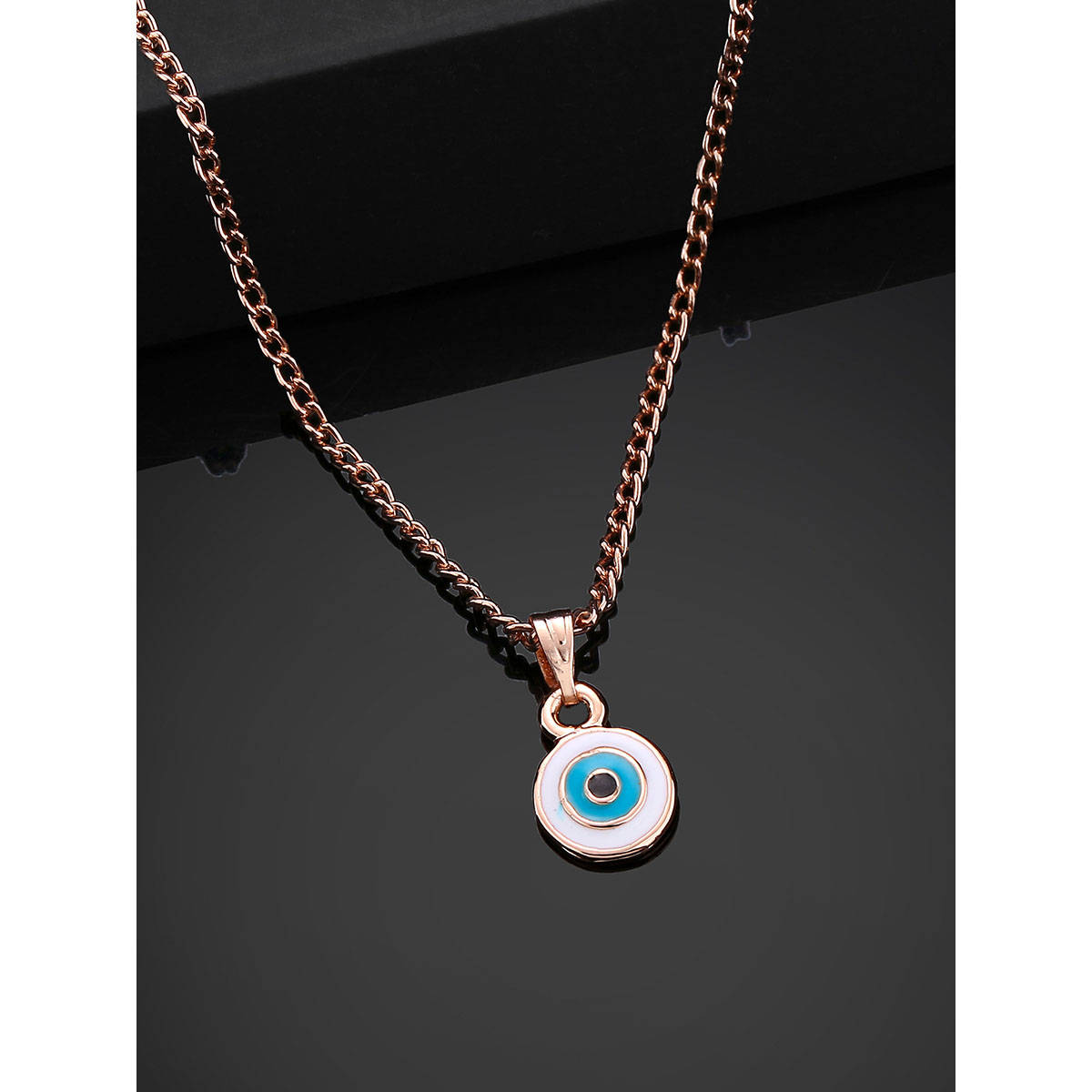 Estele Rose Gold Plated Round Shaped Evil Eye Charm Pendant With Chain
