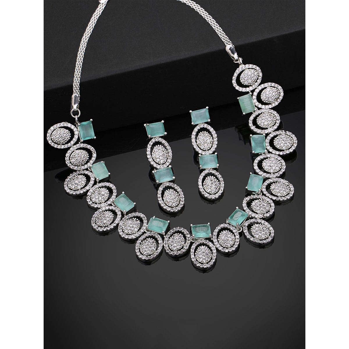 Estele Rhodium Plated Cz Circular Designer Necklace Set With Mint Green Crystals