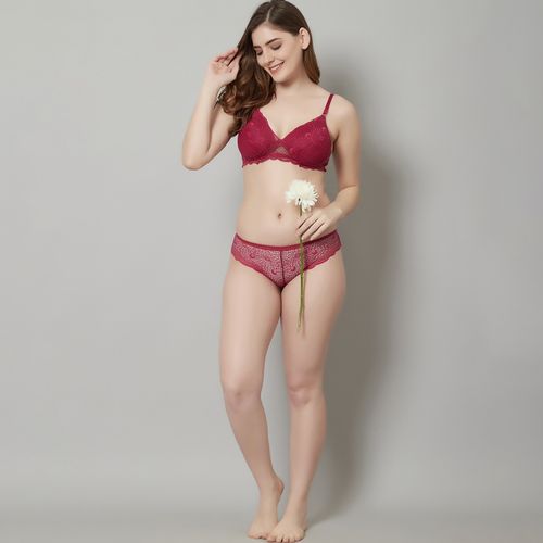 PrettyCat Bra-Underwear Sets : Buy PrettyCat Padded Lace Tshirt bra Panty  Set - Maroon Online