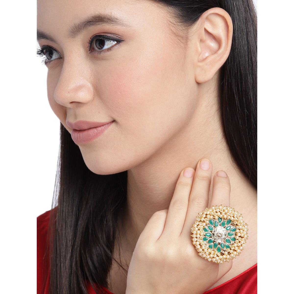 Buy Zaveri Pearls Green Stones & Clustered Pearls Ethnic Bridal Finger