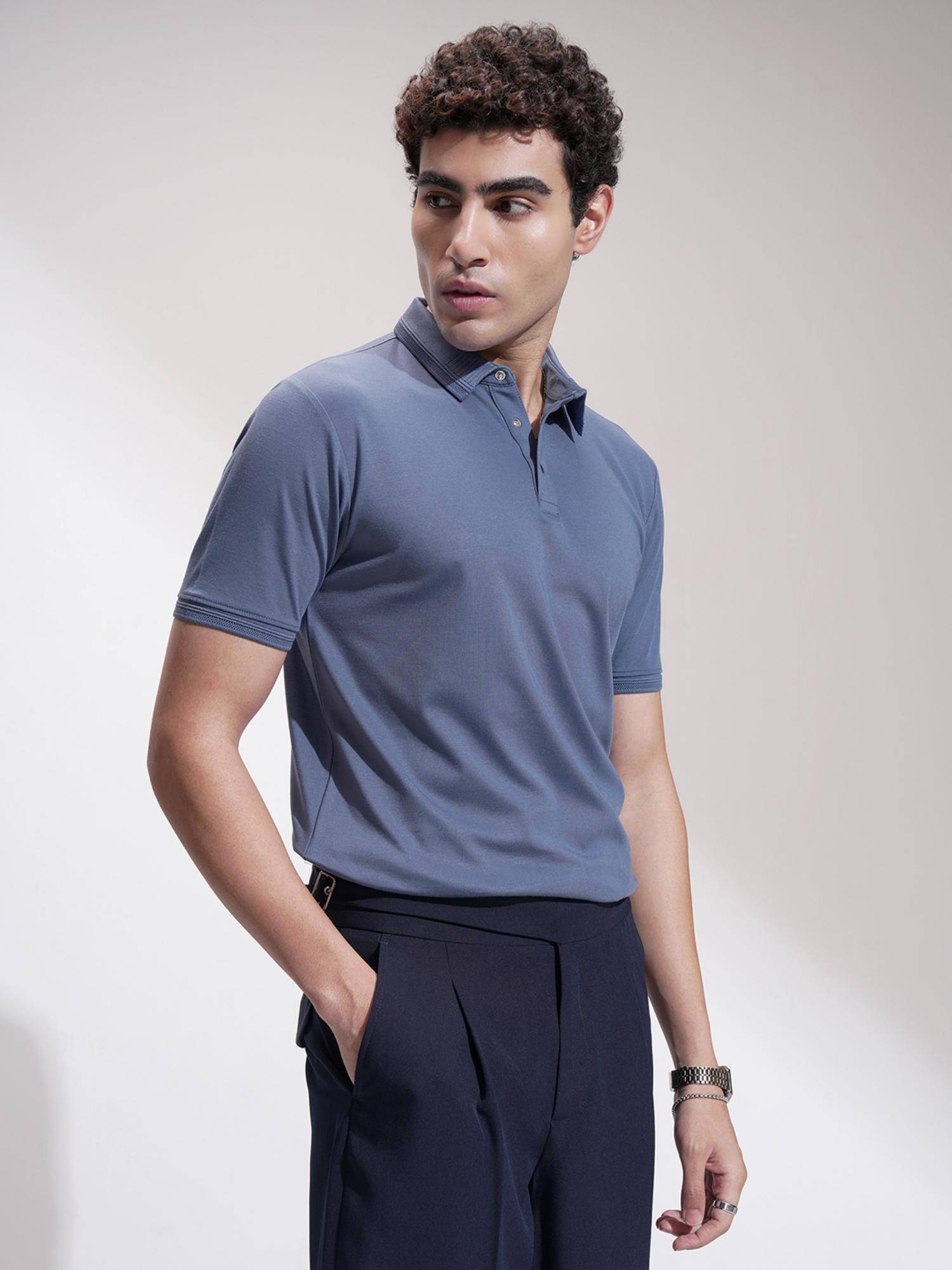 Buy HIGHLANDER Men Blue Regular Fit Jacquard Collar Polo T-shirt Online