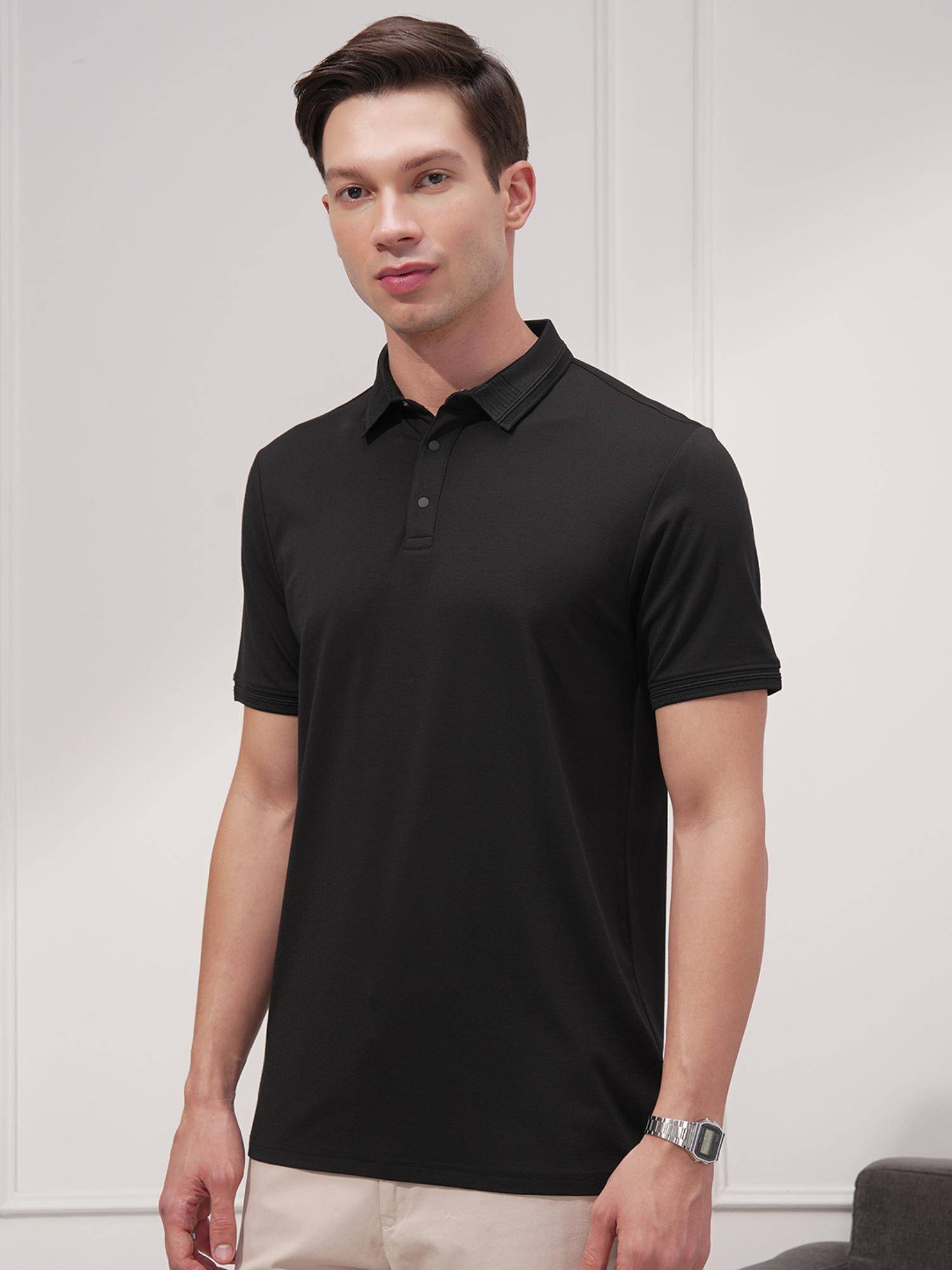 Buy HIGHLANDER Men Black Regular Fit Jacquard Collar Polo T-shirt Online