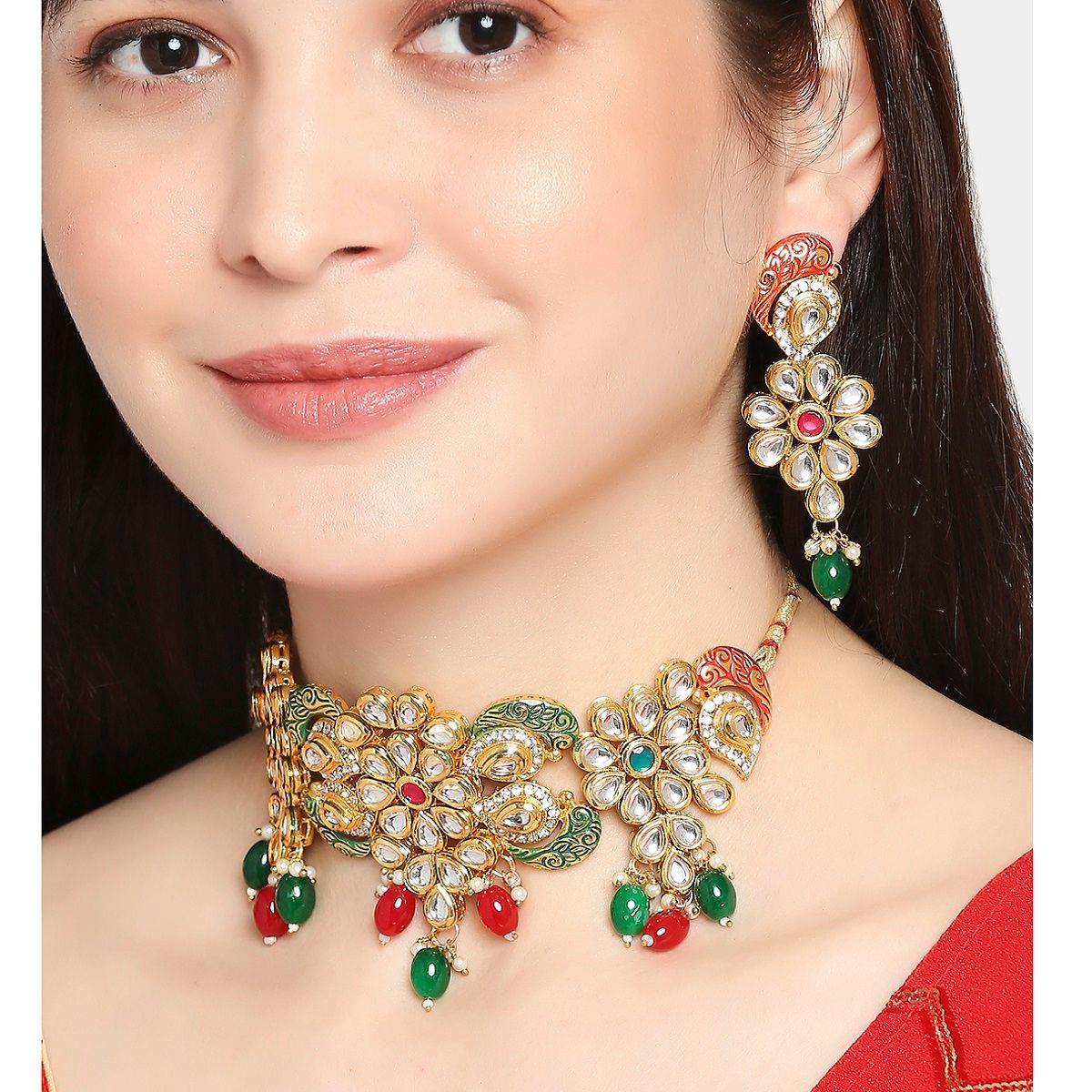 Fabula Red & Green Meenakari & Kundan Ethnic Choker Necklace Set with Matching Earrings