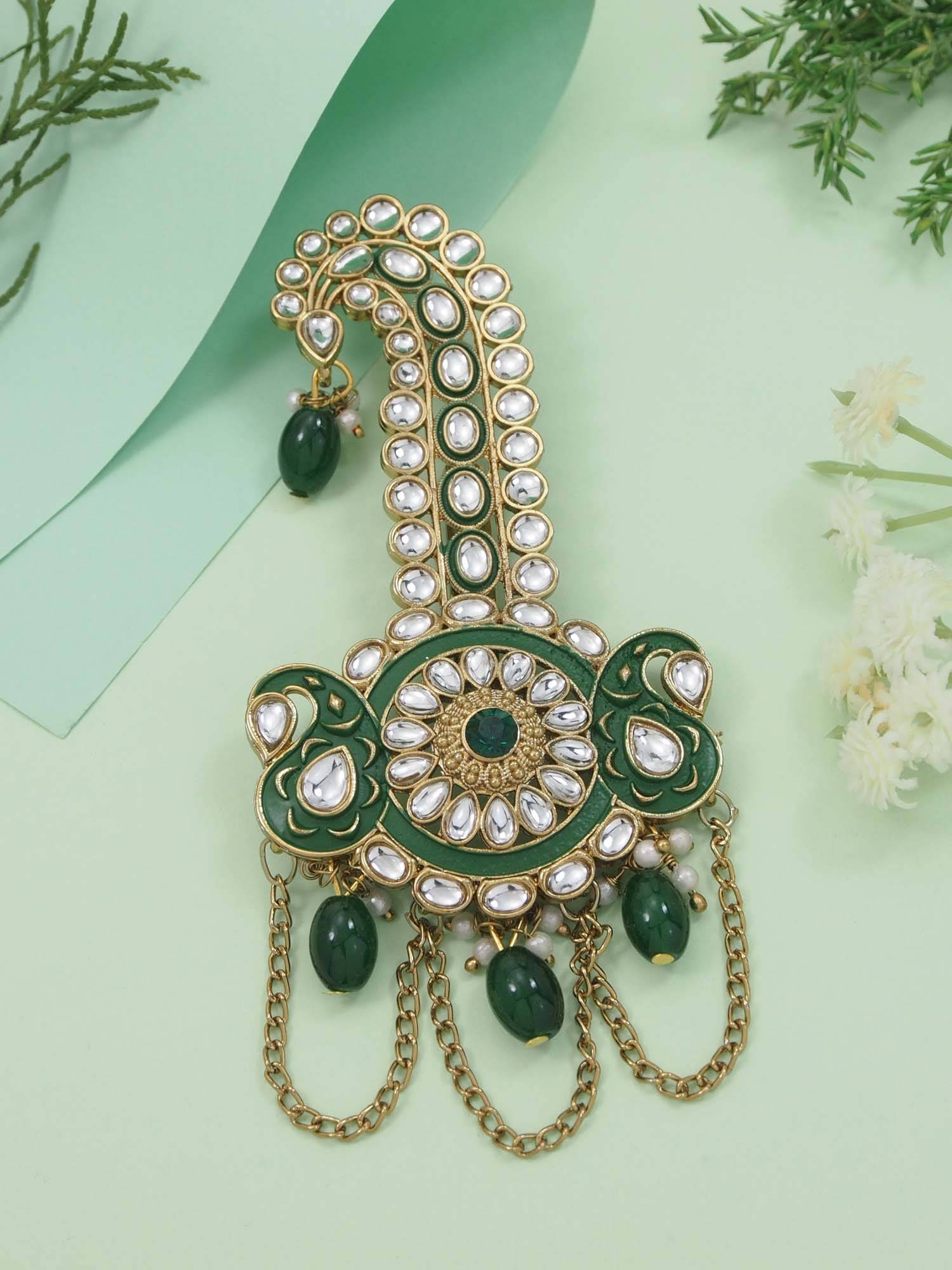 I Jewels Green Traditional Gold-Plated Kundan Studded Kalangi Brooch for Women